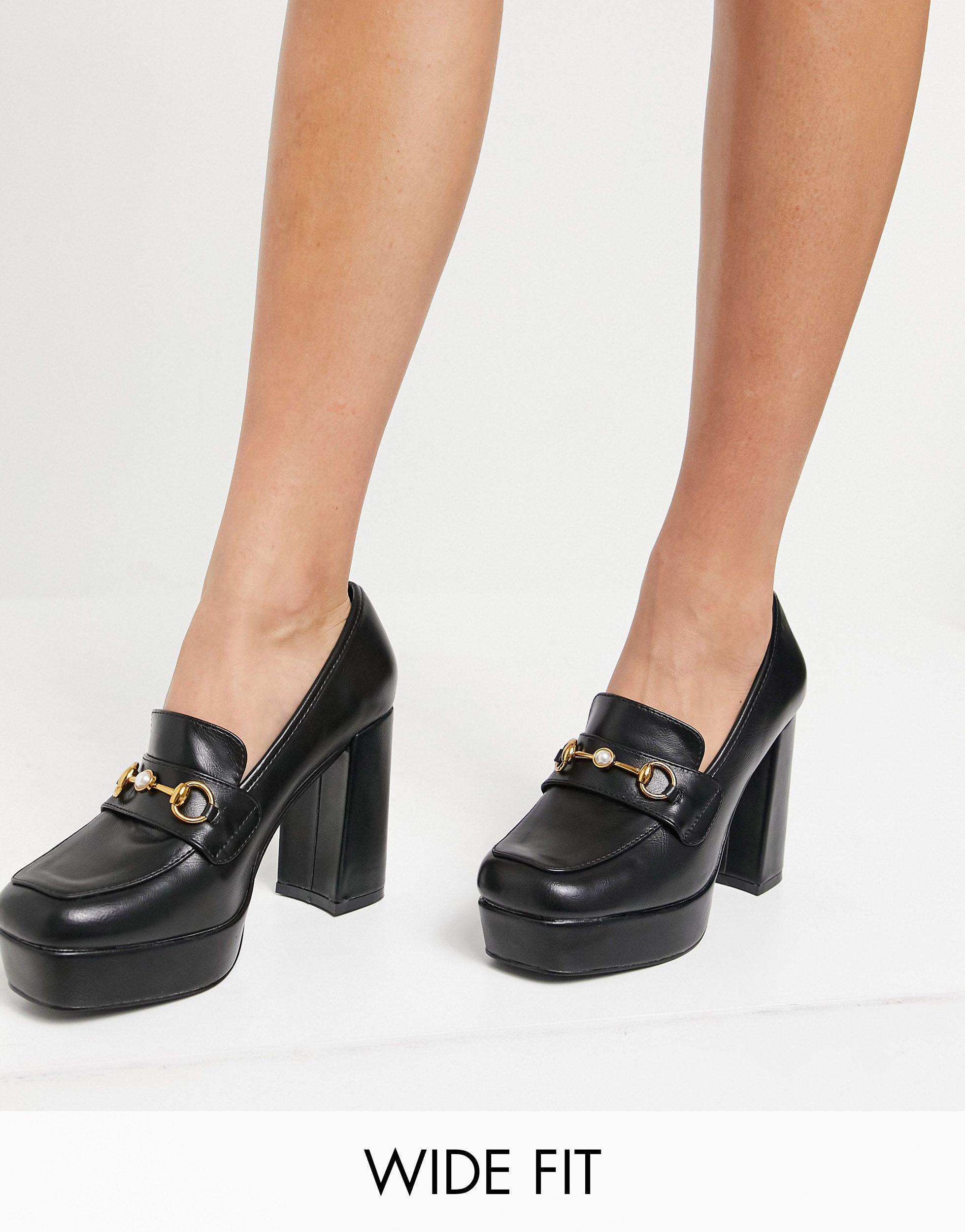 Raid Wide Fit Estera Chunky Heeled Loafer Shoes in Black | Lyst