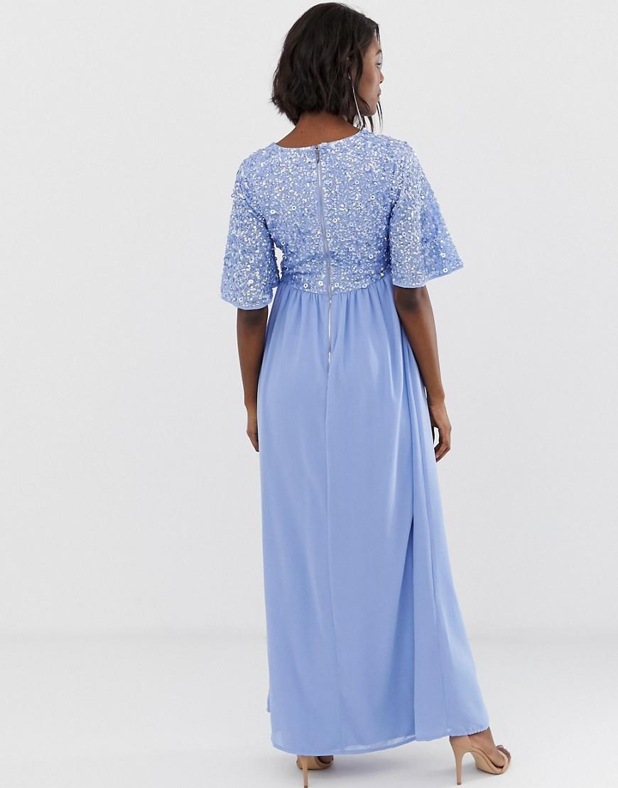 maya sequin top maxi bridesmaid dress with flutter sleeve detail