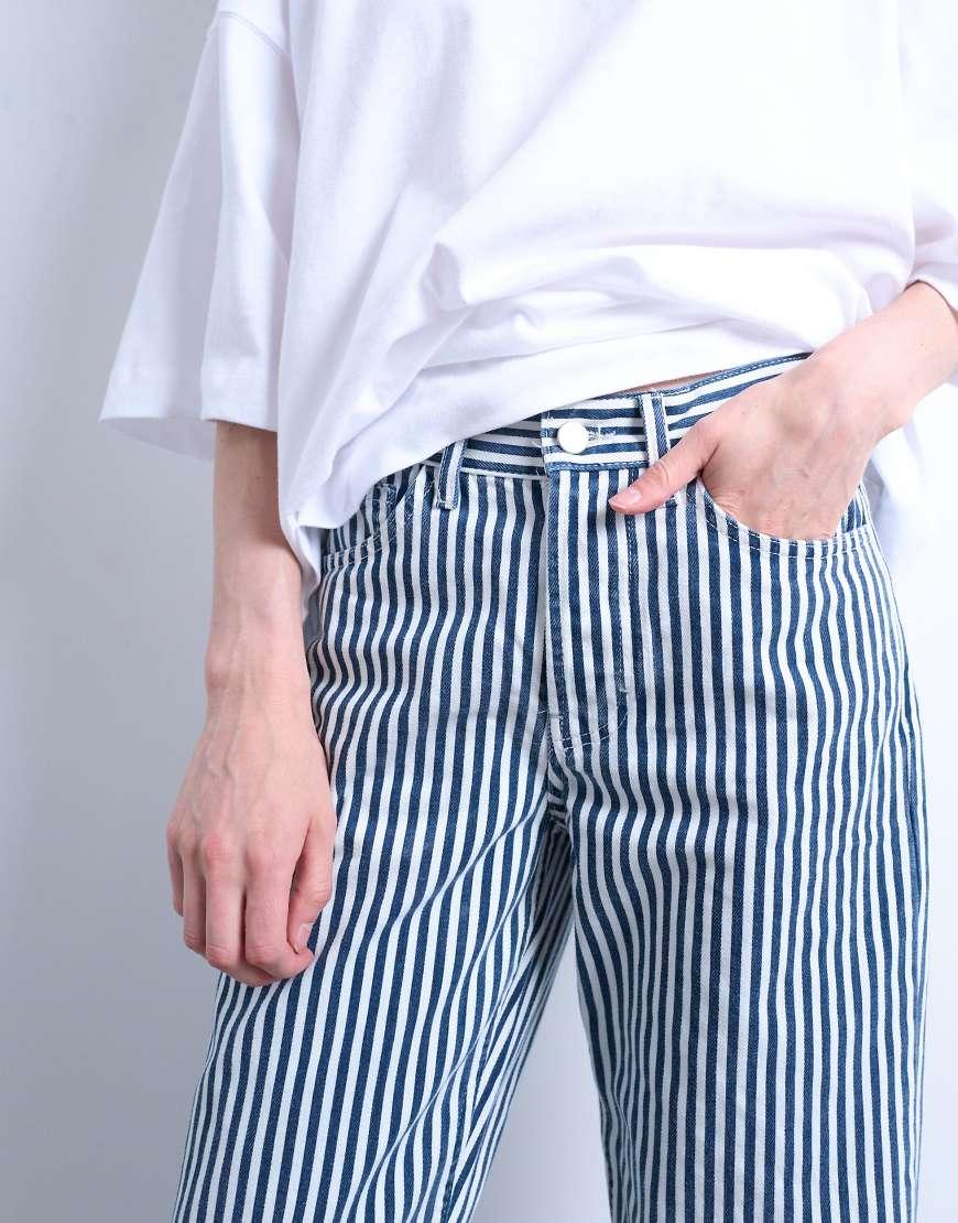 TOPSHOP Stripe Cropped Mid Rise Straight Leg Trouser in White