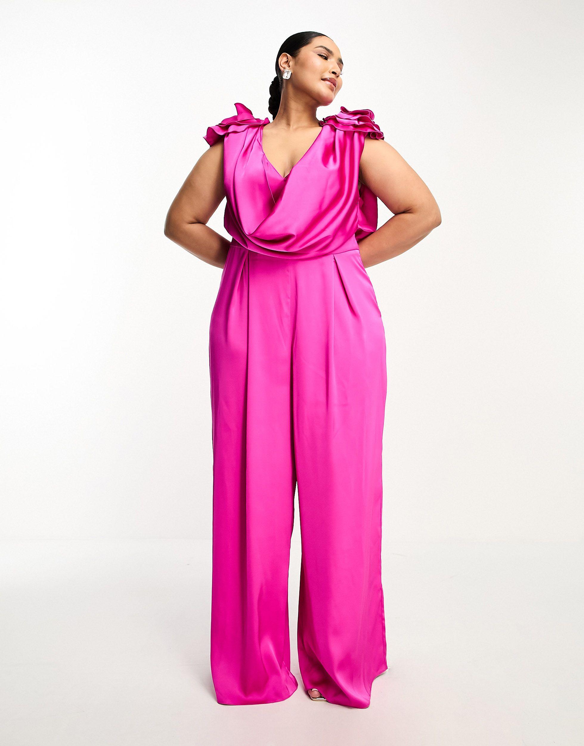 ASOS Curve Satin Corsage Plunge Neck Wide Leg Jumpsuit in Pink | Lyst