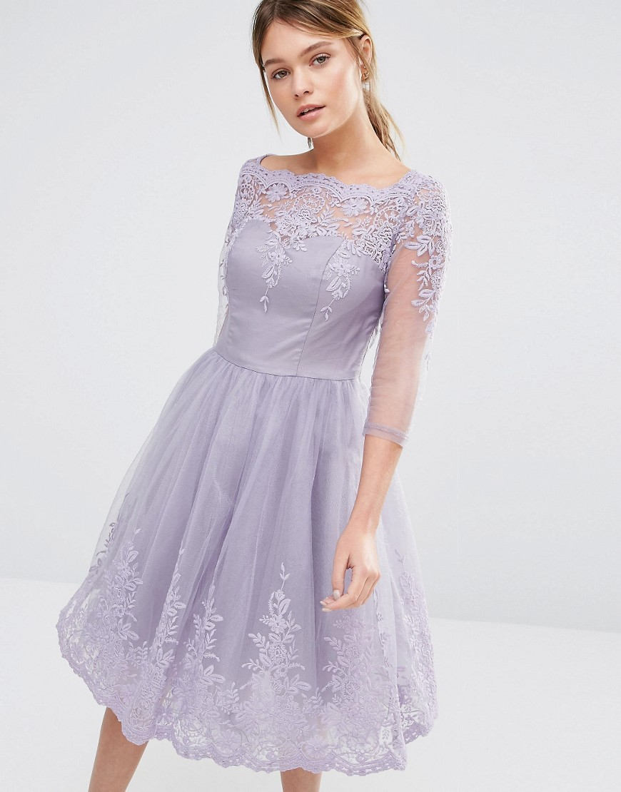Chi Chi London Premium Lace Midi Prom Dress With Sleeve in Purple | Lyst