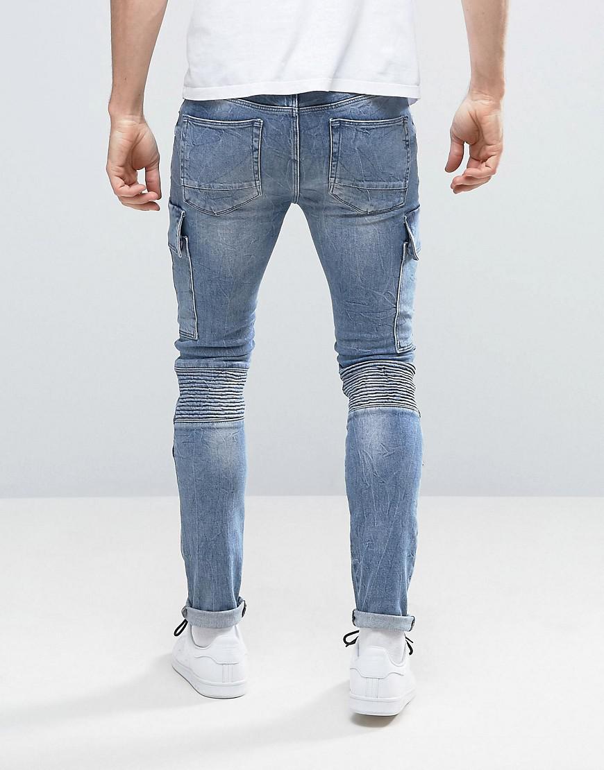 ASOS Denim Asos Super Skinny Jeans With Cargo Pockets And Biker Details In  Mid Blue for Men - Lyst