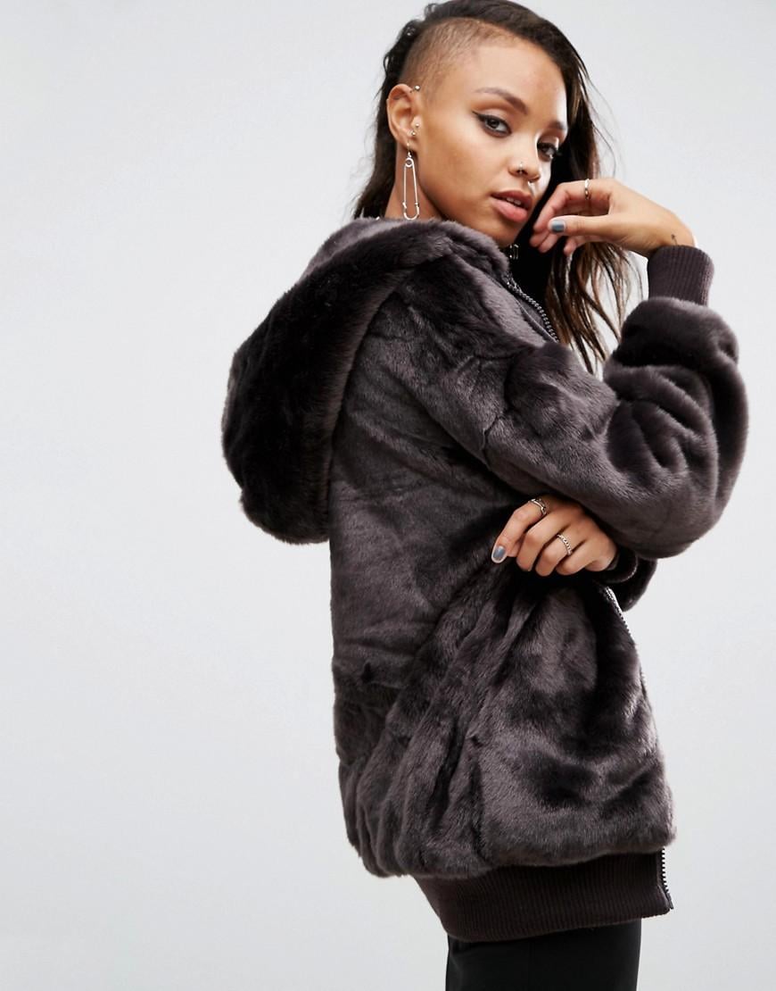 hooded faux fur bomber jacket