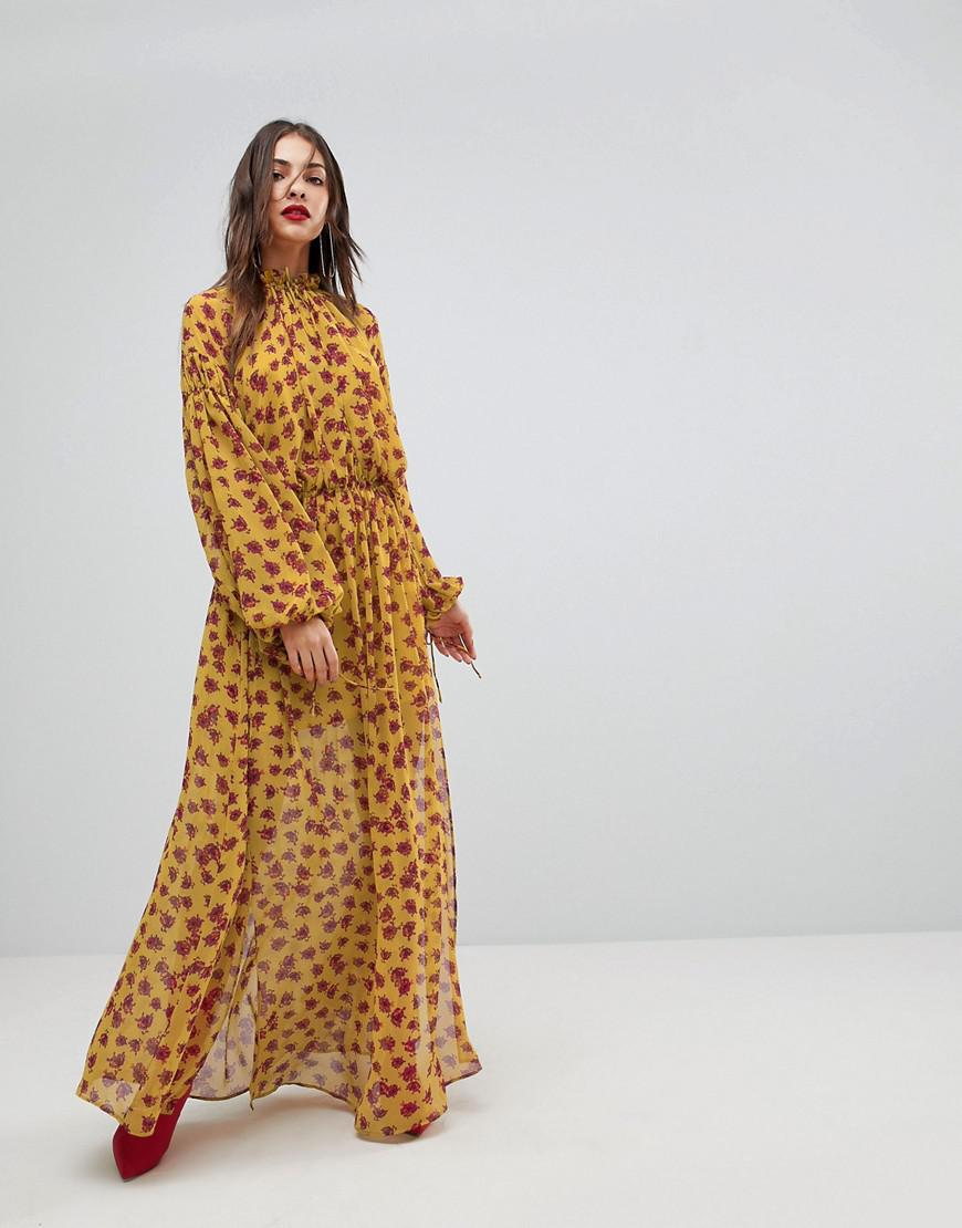 Mango Split Front Floral Maxi Dress in Yellow | Lyst