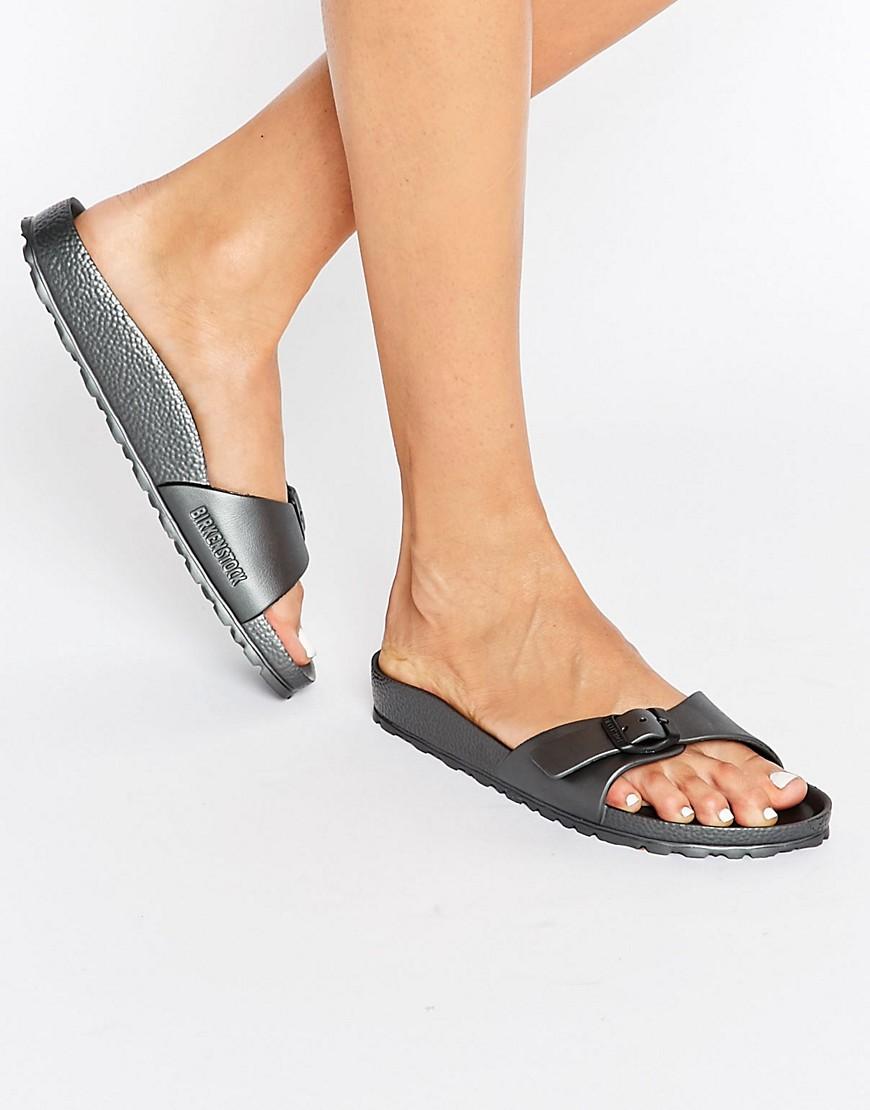 Birkenstock Madrid Metallic Narrow Fit Slide Flat Sandals - Metallic  Anthracite in Black | Lyst