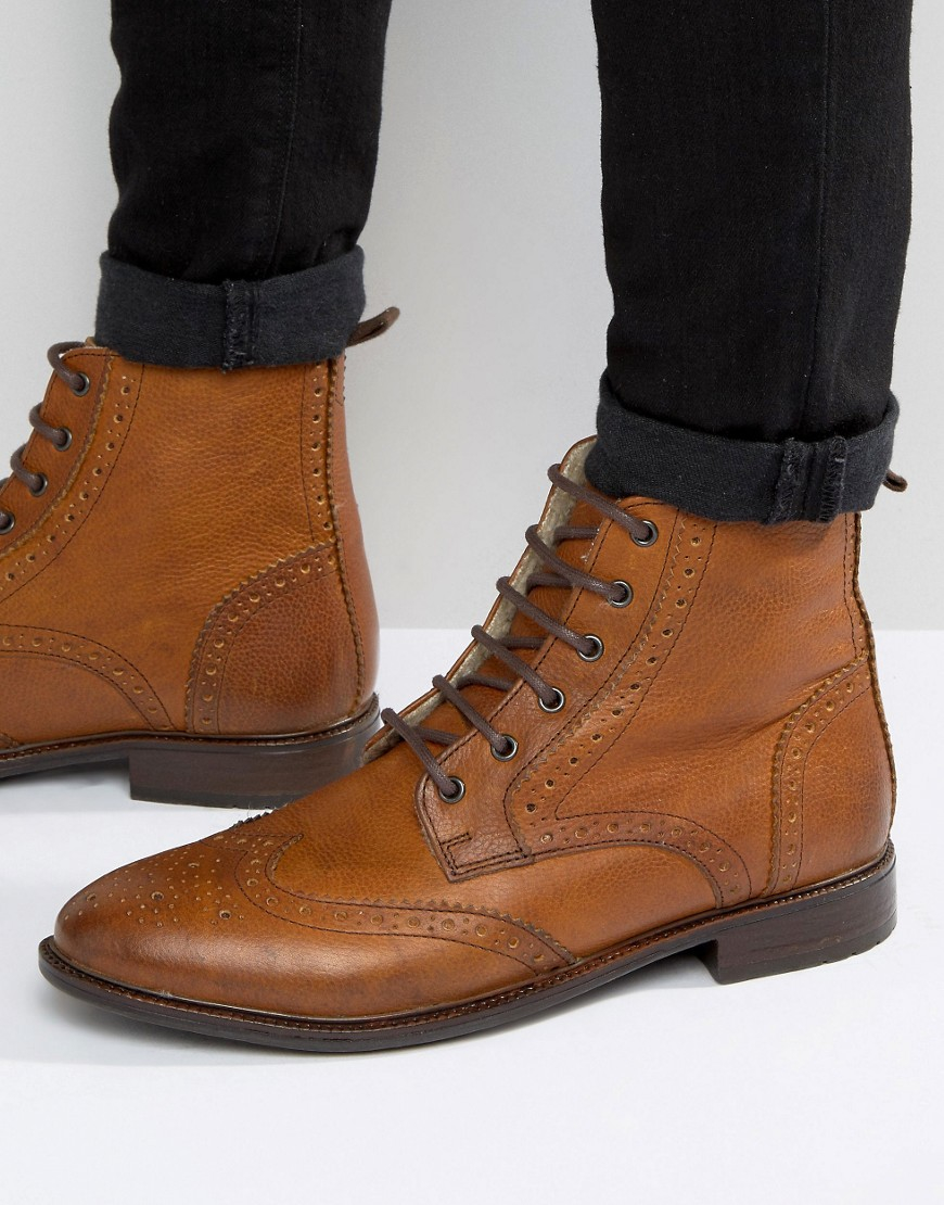 ASOS Brogue Boot In Tan Leather With Faux Shearling Lining in Brown for ...
