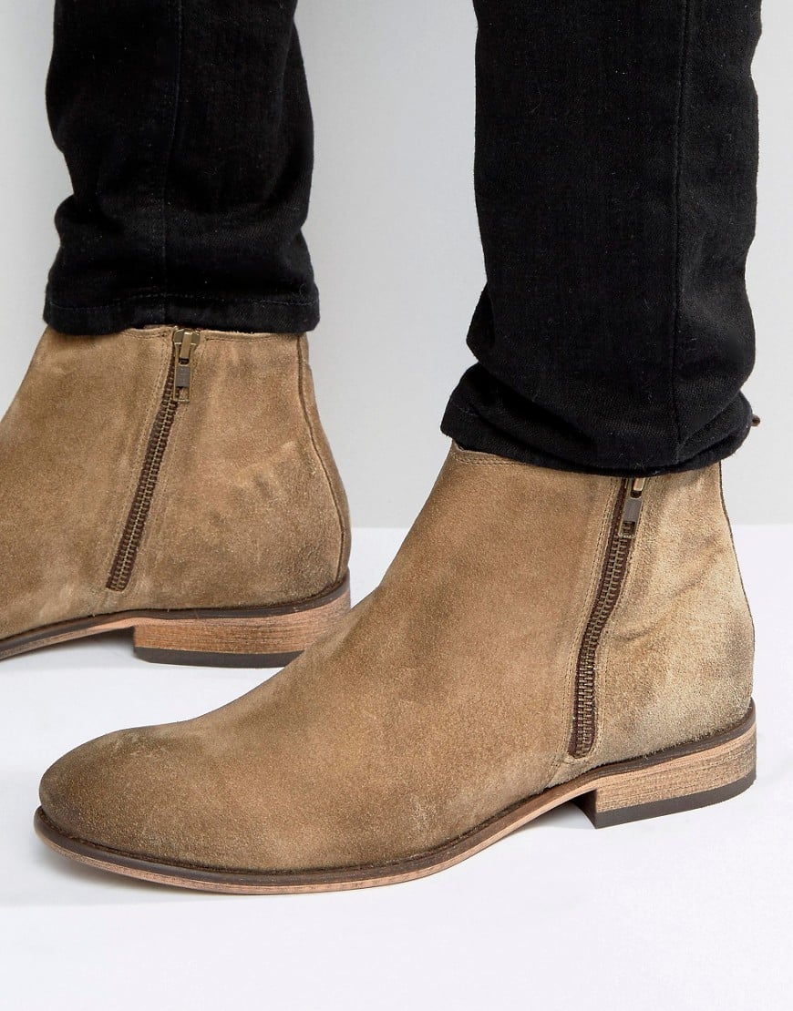 ASOS Chelsea Boots In Stone Suede With Double Zip in Brown for Men - Lyst