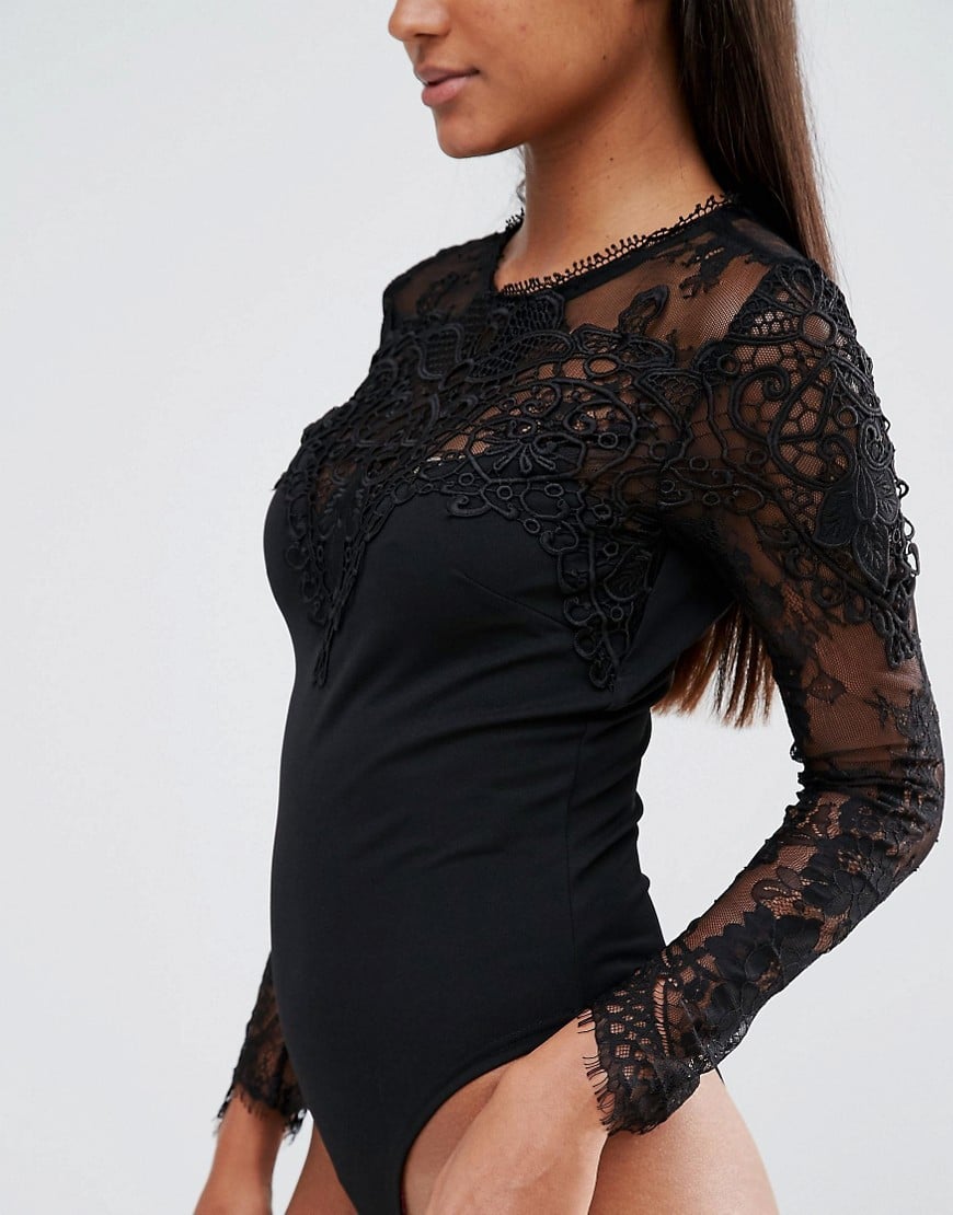Lipsy Michelle Keegan Loves Long Sleeve Lace Bodysuit in Black Lyst UK