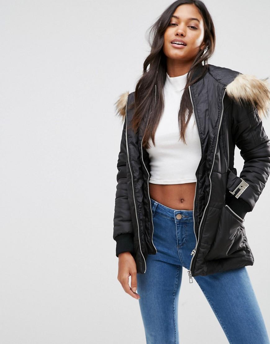 Lipsy Michelle Keegan Loves Quilted Coat With Faux Fur Hood in Black | Lyst  UK