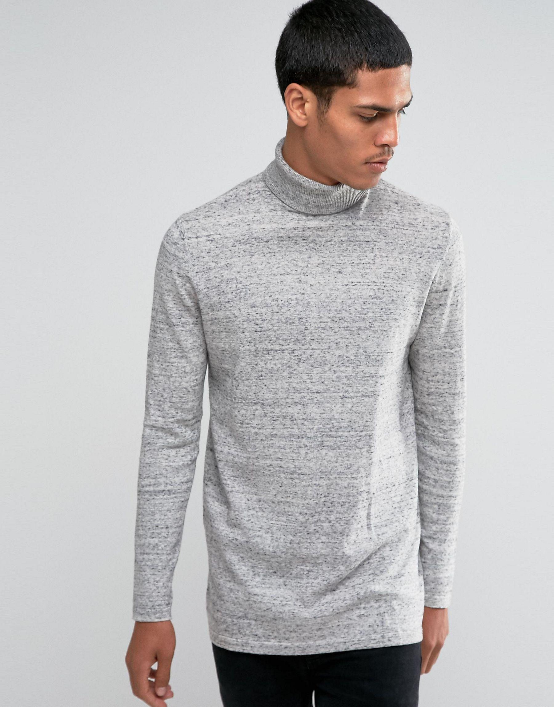 Asos Longline Roll Neck Jumper In Grey Cotton in Gray for Men | Lyst