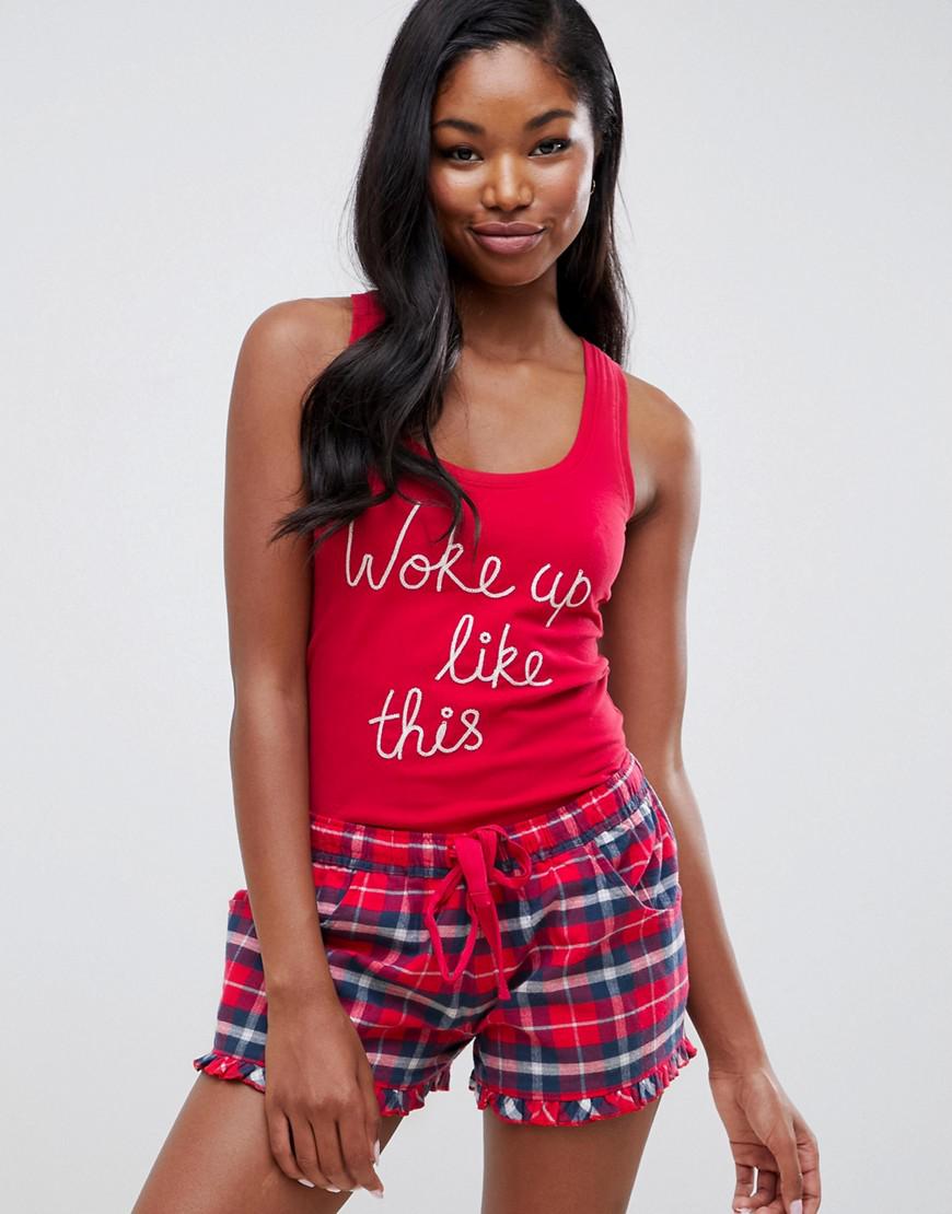 Boux Avenue Cotton Woke Up Like This Slogan Check Vest And Short Pyjama Set  in Red - Lyst