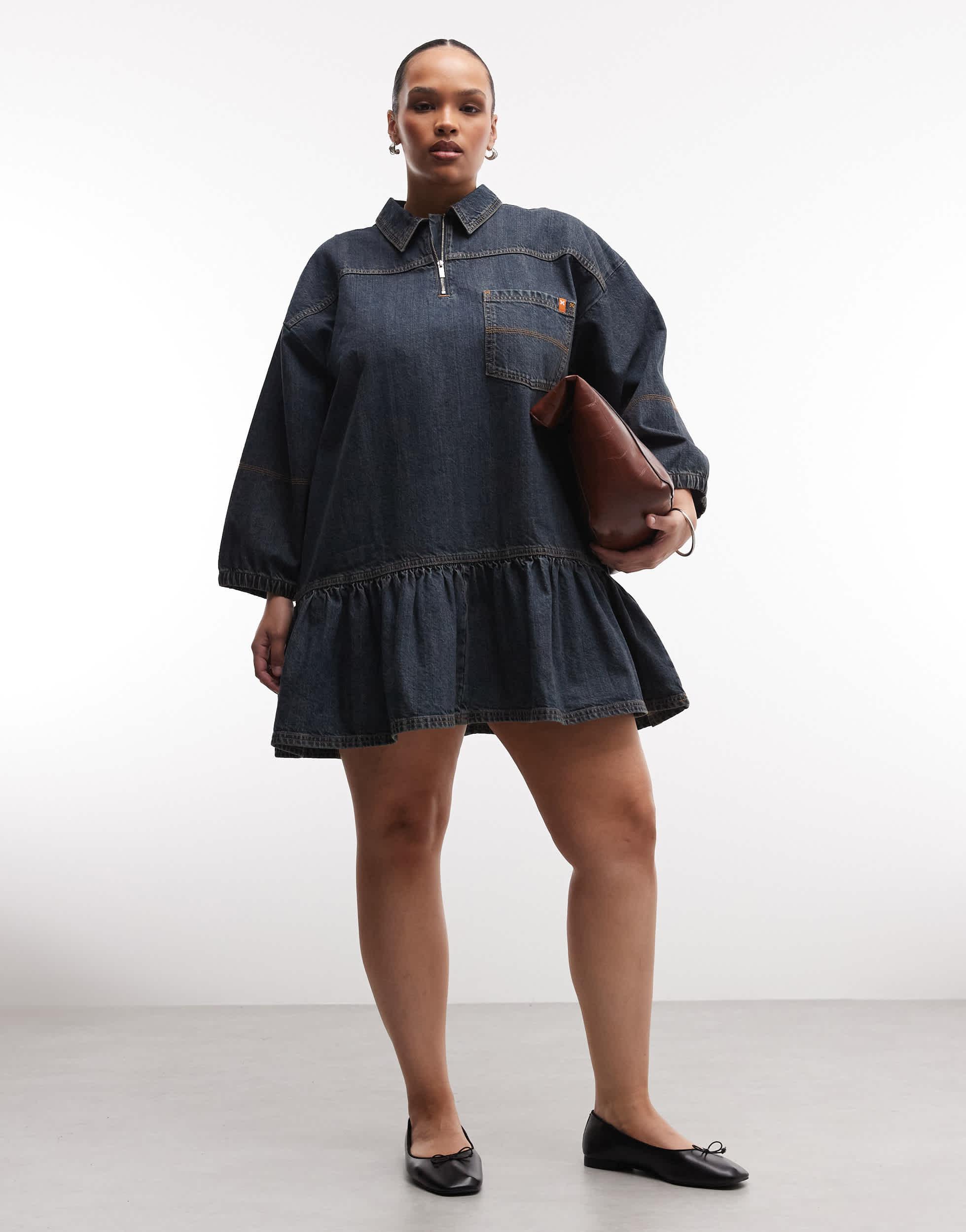 collusion denim dress COLLUSION denim mini dress with wrap detail in rinse wash