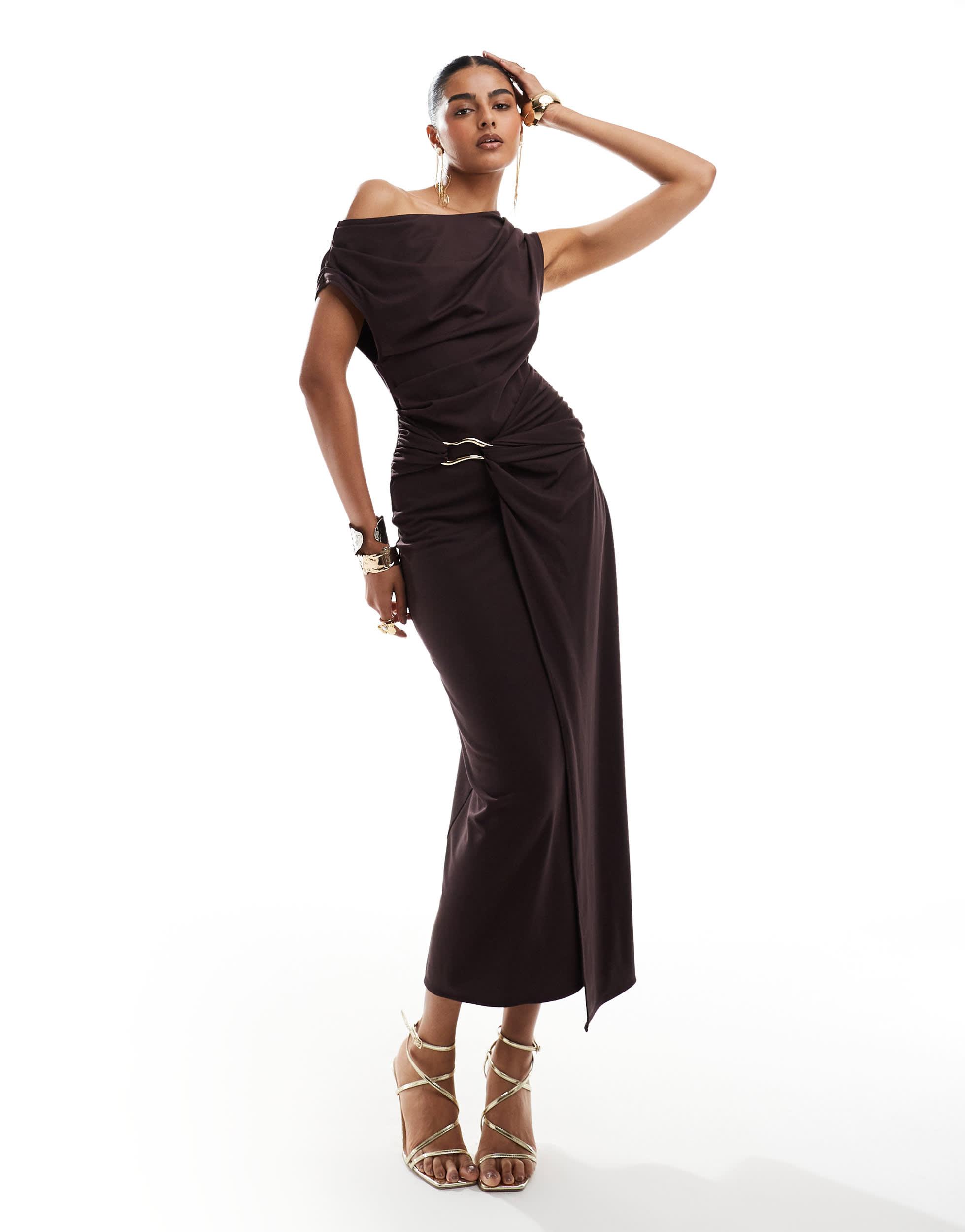 Other Stories Jersey Midi Dress With Drape Wrap Clasp And Asymmetric Off Shoulder in Brown Lyst
