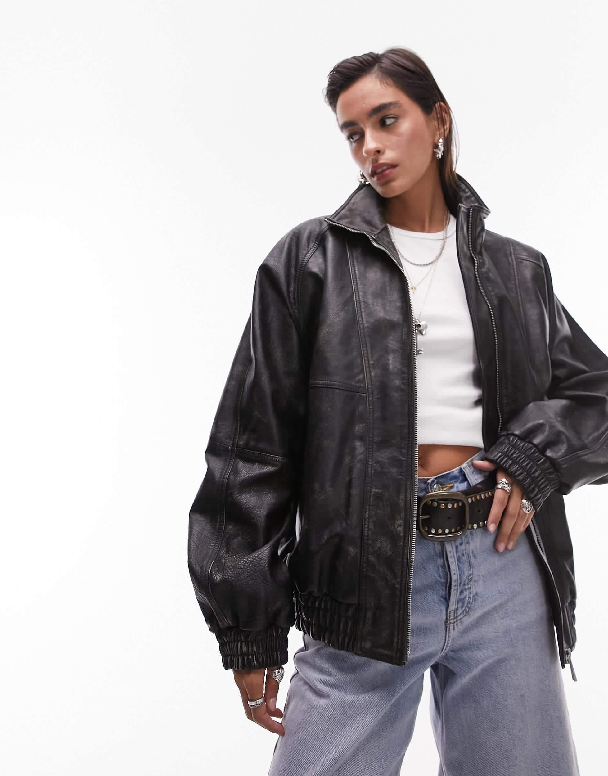 TOPSHOP Real Leather Washed 80s Seam Bomber Jacket in Black