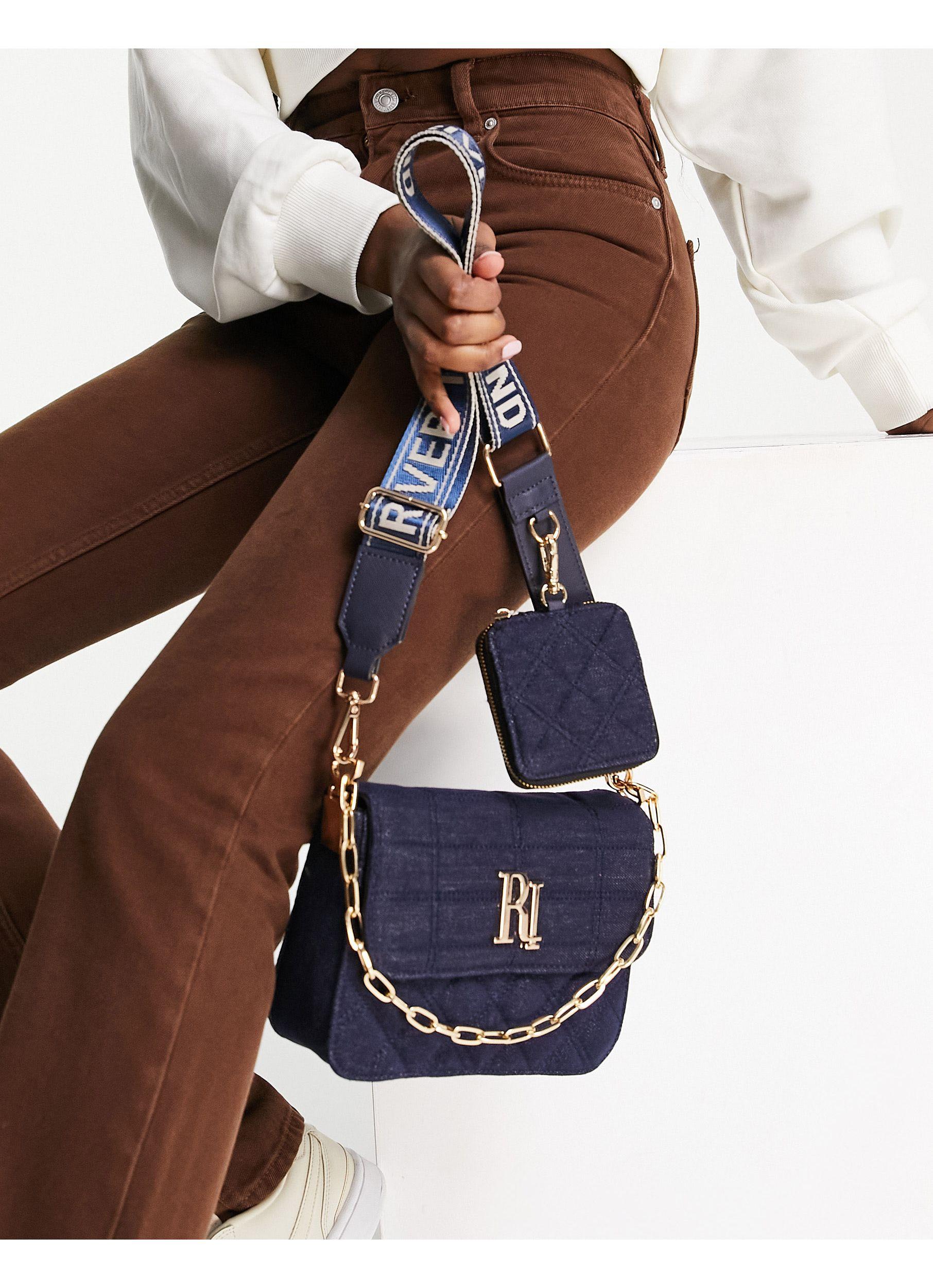 River Island Quilted Denim Double Cross Body Bag in Navy (Blue) | Lyst