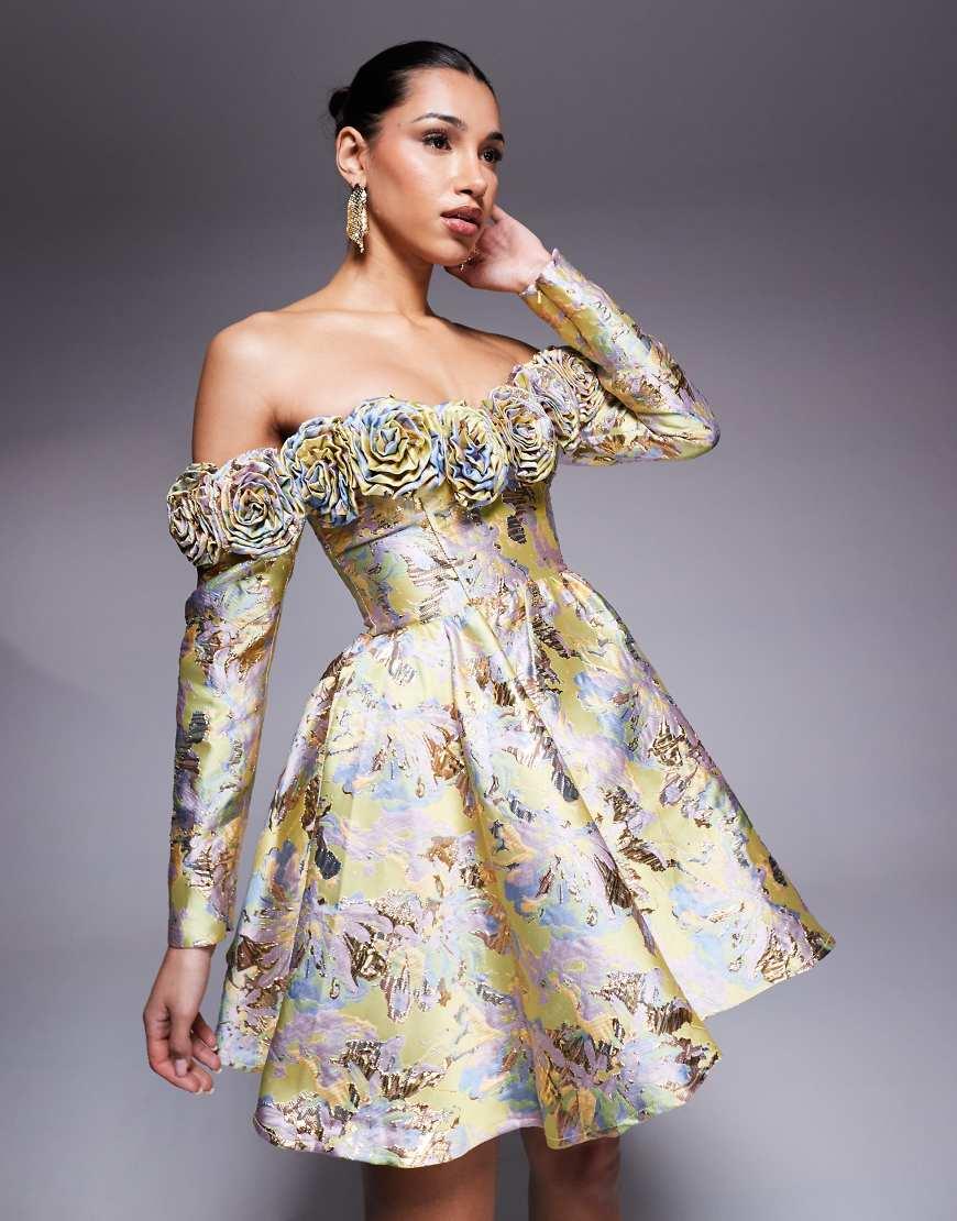 Poppy GOLD JACQUARD PUFF MINI DRESS Poppy GOLD JACQUARD PUFF MINI