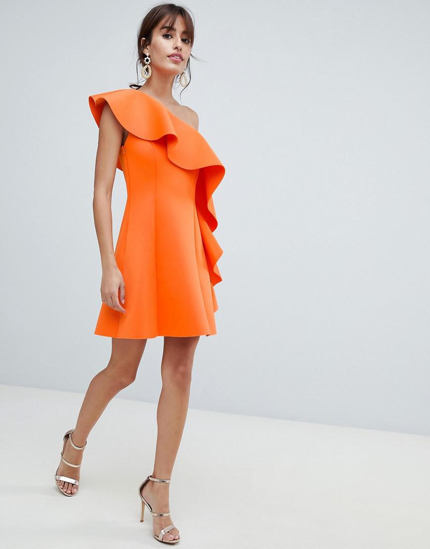 ASOS Denim One Shoulder Ruffle A-line Mini Dress in Orange | Lyst