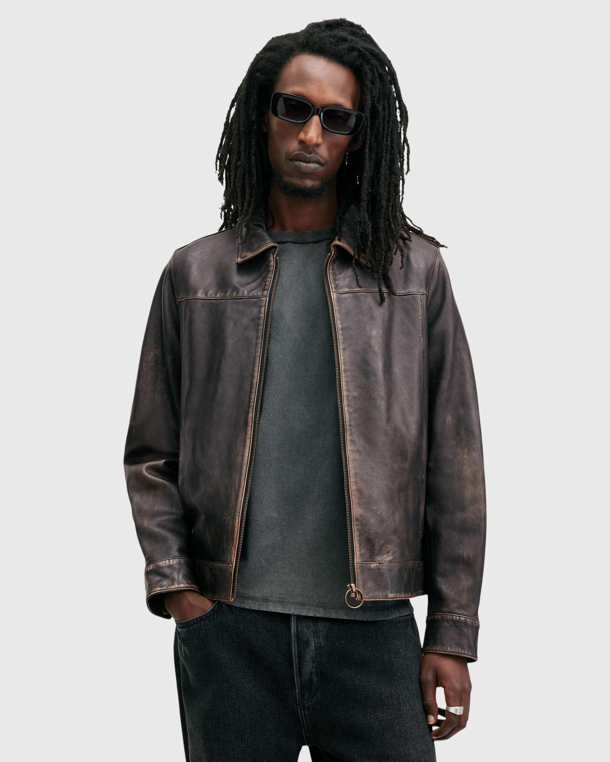AllSaints Alkan Washed Leather Zip Jacket in Gray | Lyst
