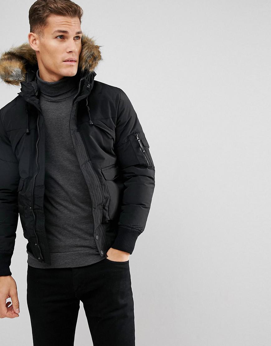 Bershka Short Bomber Jacket With Fur Hood In Black for Men | Lyst Canada