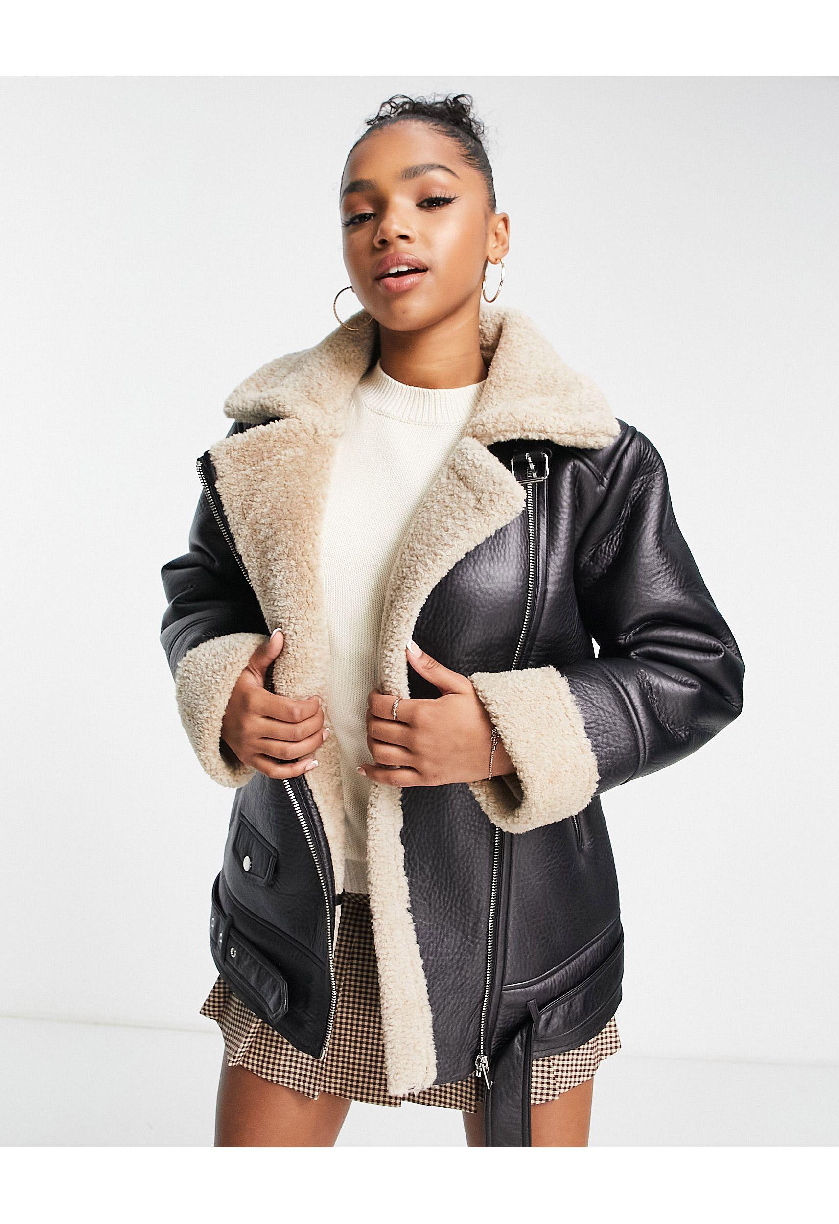Stradivarius Faux Leather Aviator Jacket With Contrast Sherpa in White |  Lyst UK