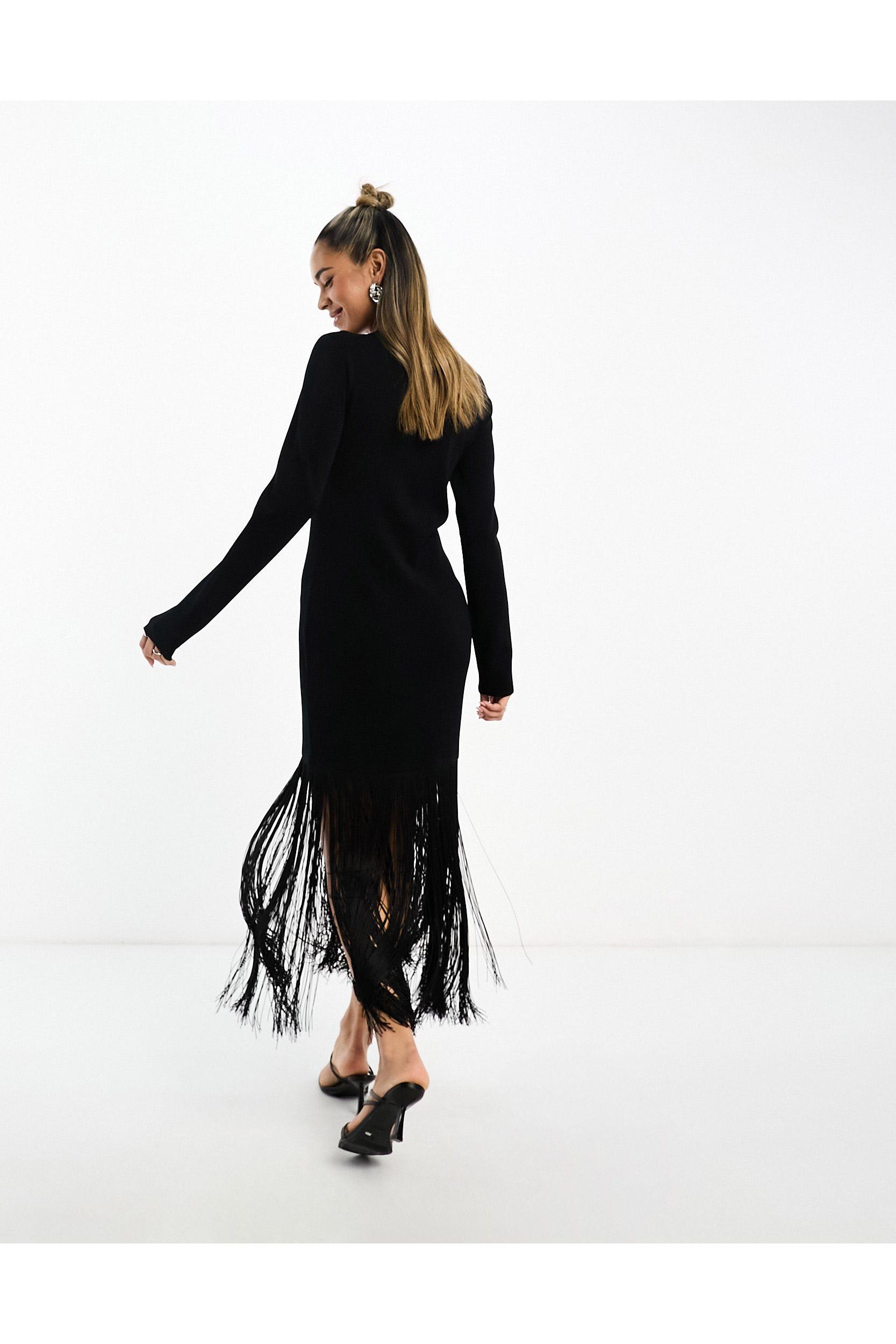 & Other Stories Knitted Midi Dress With Fringe Skirt Detail in Black
