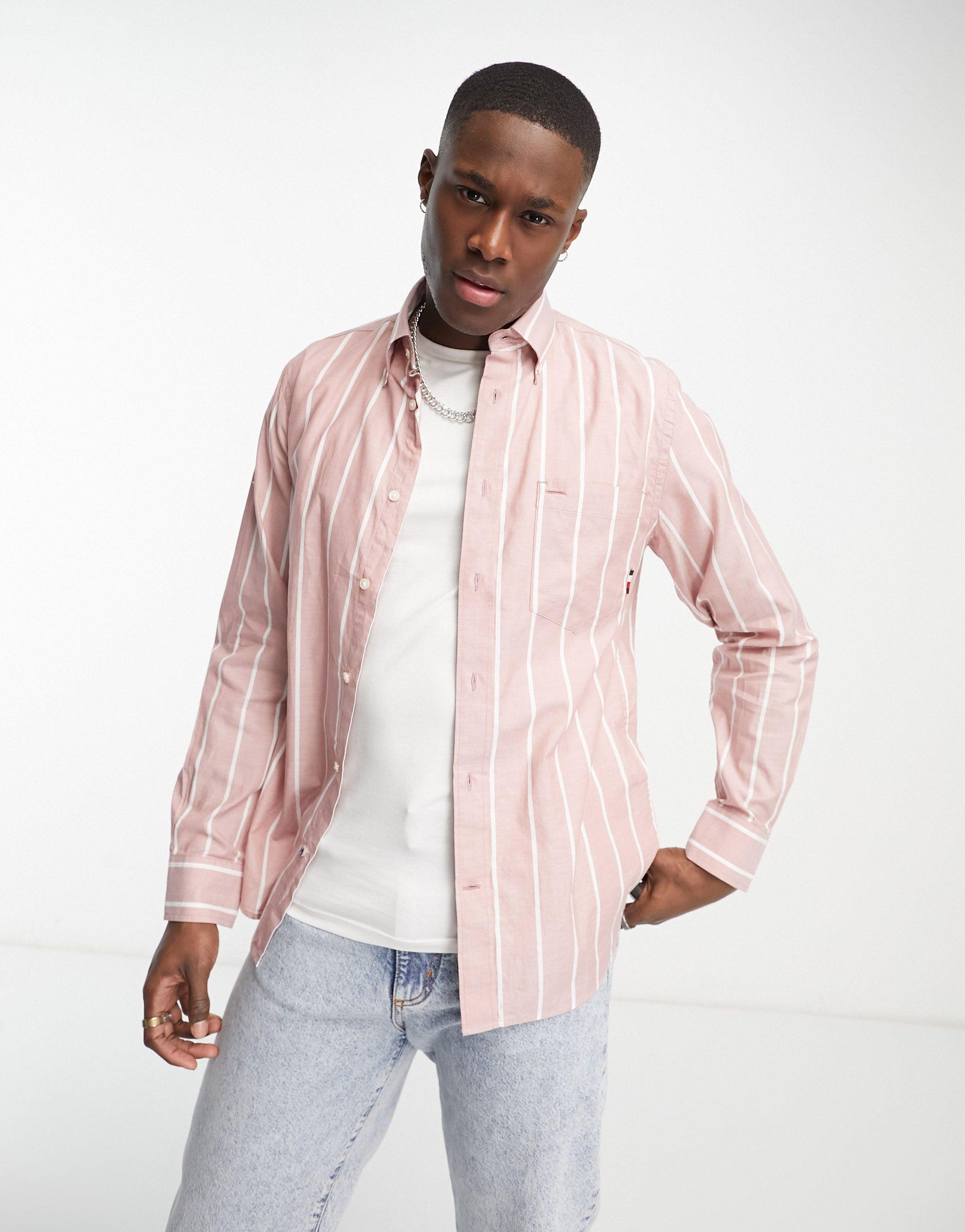 Tommy Hilfiger Stripe Regular Fit Long Sleeve Shirt in Pink for Men | Lyst
