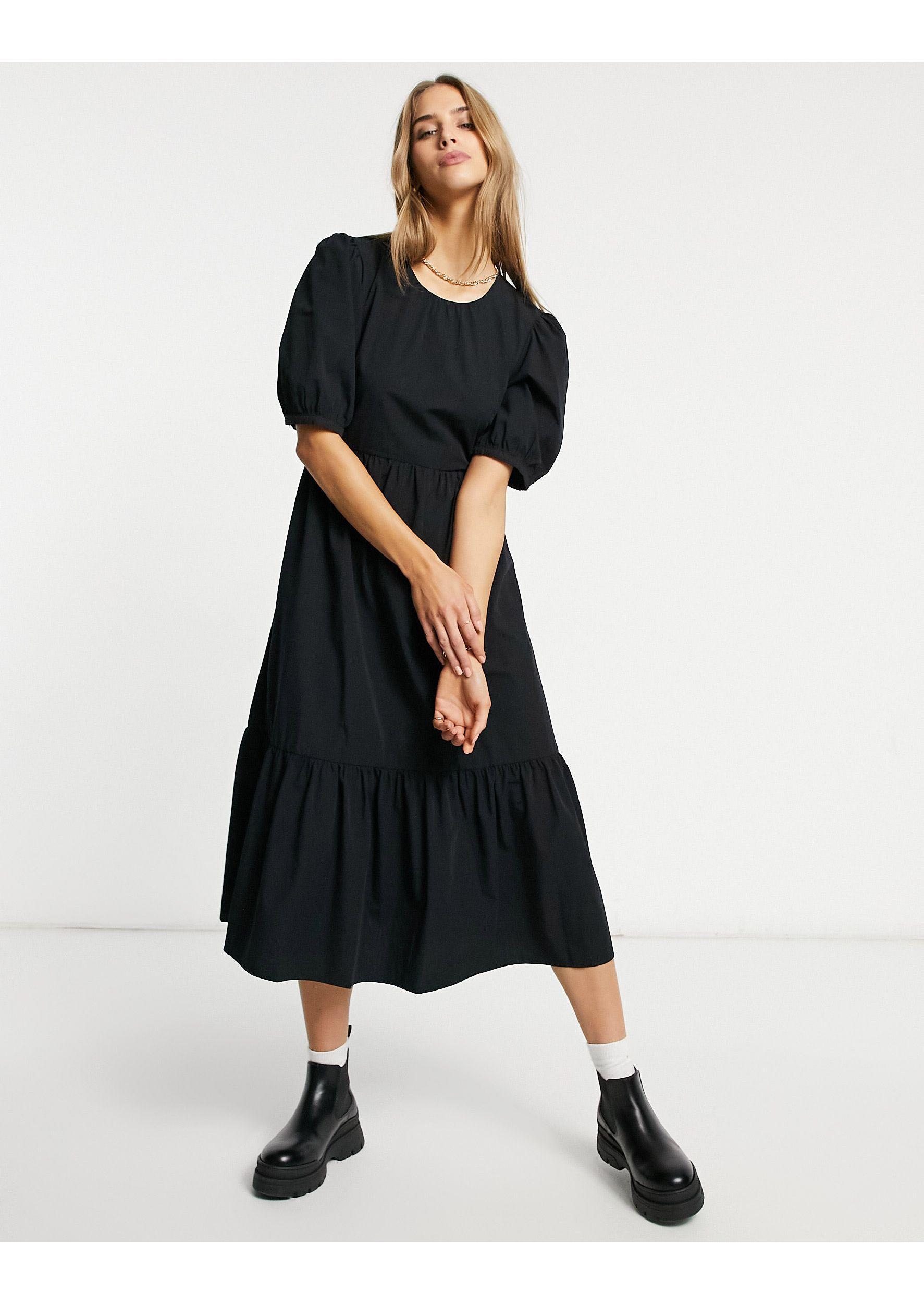 Warehouse Tiered Cotton Midi Dress in Black | Lyst