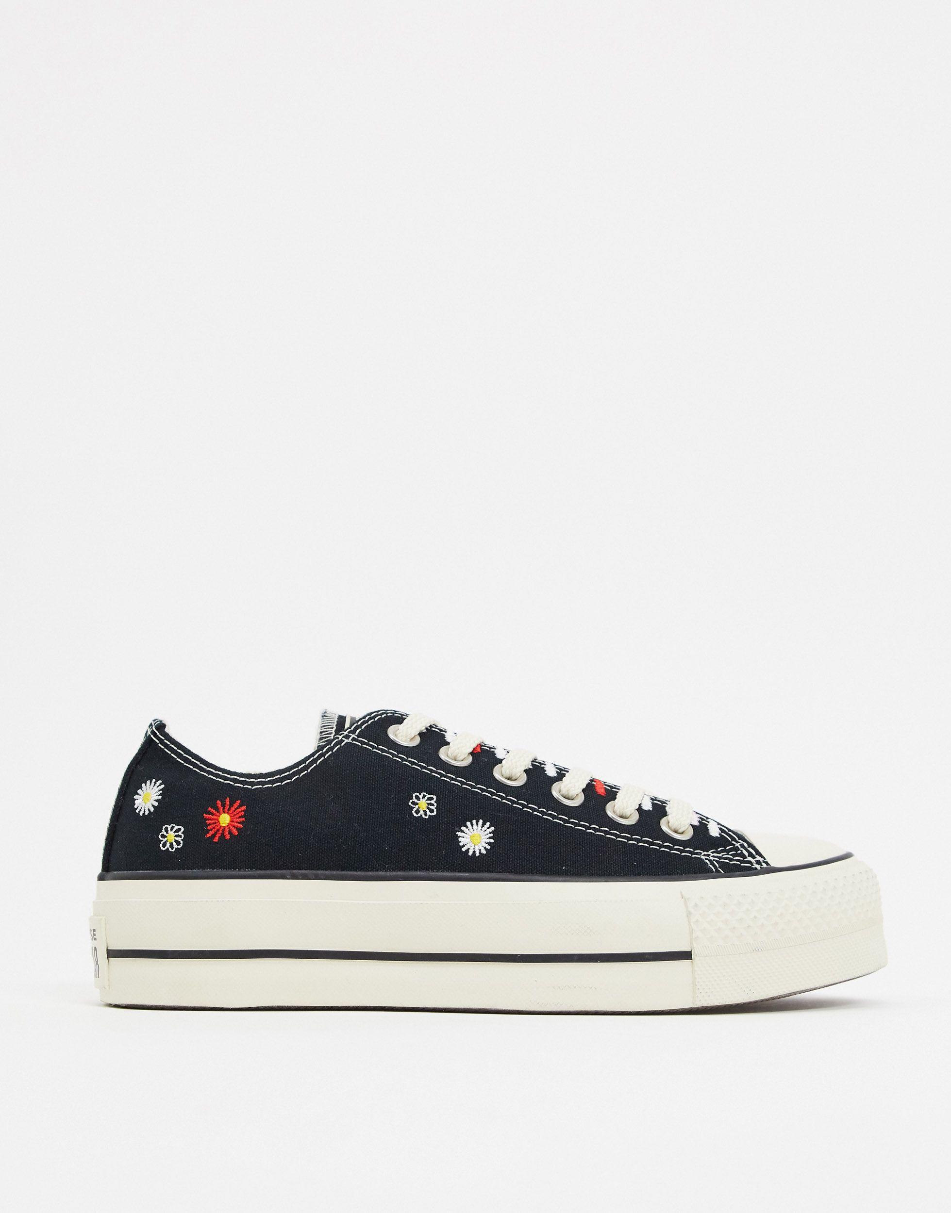 Converse Chuck Taylor Lift Platform Black Embroidered Floral Sneakers | Lyst
