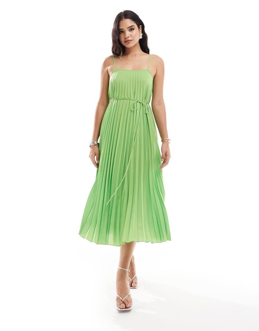 Mango Vestido Plisado Verde Vestido Midi Plisado De Tirantes De De