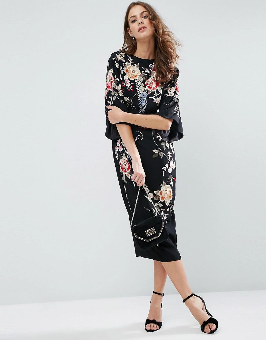 ASOS Embroidered Kimono Midi Dress in Black | Lyst