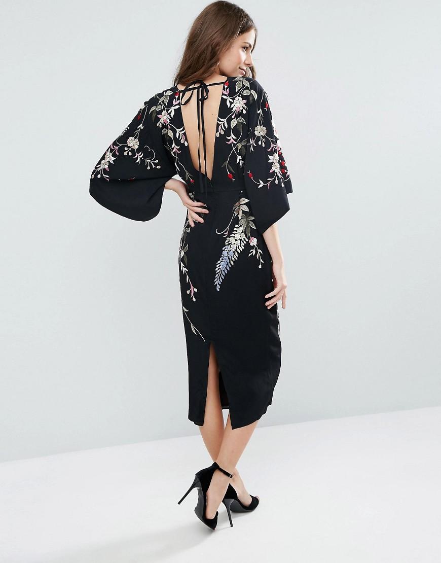 ASOS Embroidered Kimono Midi Dress in Black | Lyst