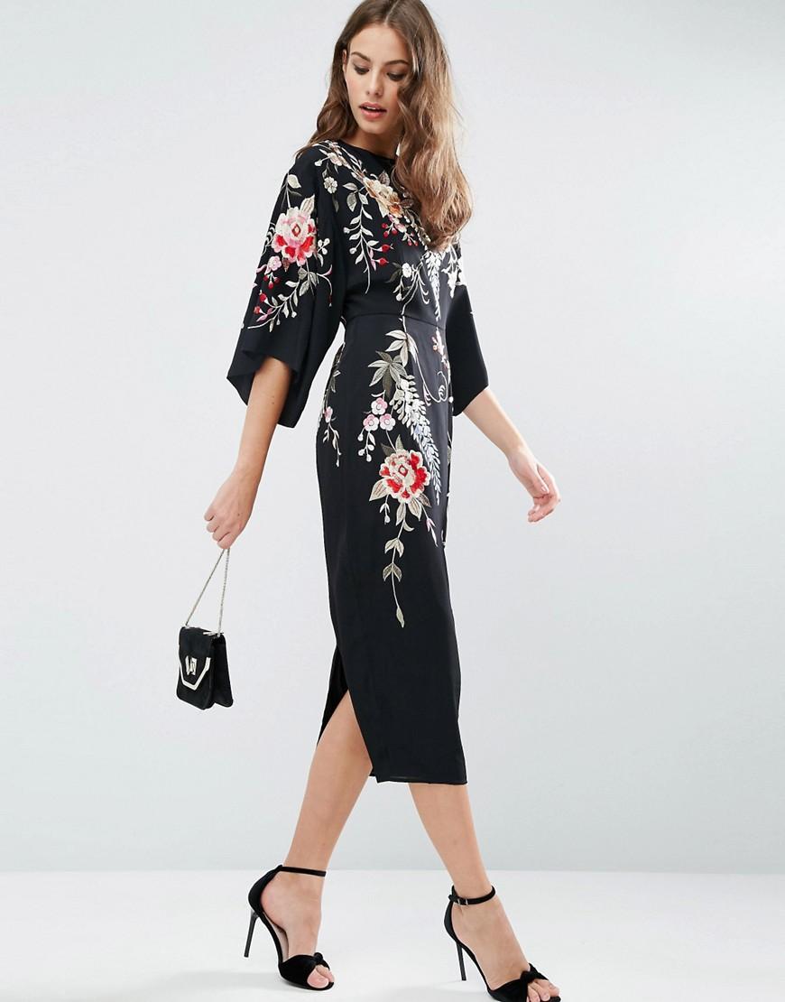 ASOS Embroidered Kimono Midi Dress in Black | Lyst