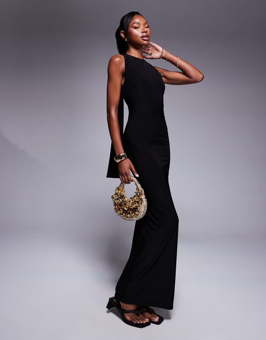 black slinky knot drape midaxi dress Long Sleeve Knot Drape Detail Slinky Mini Dress Black