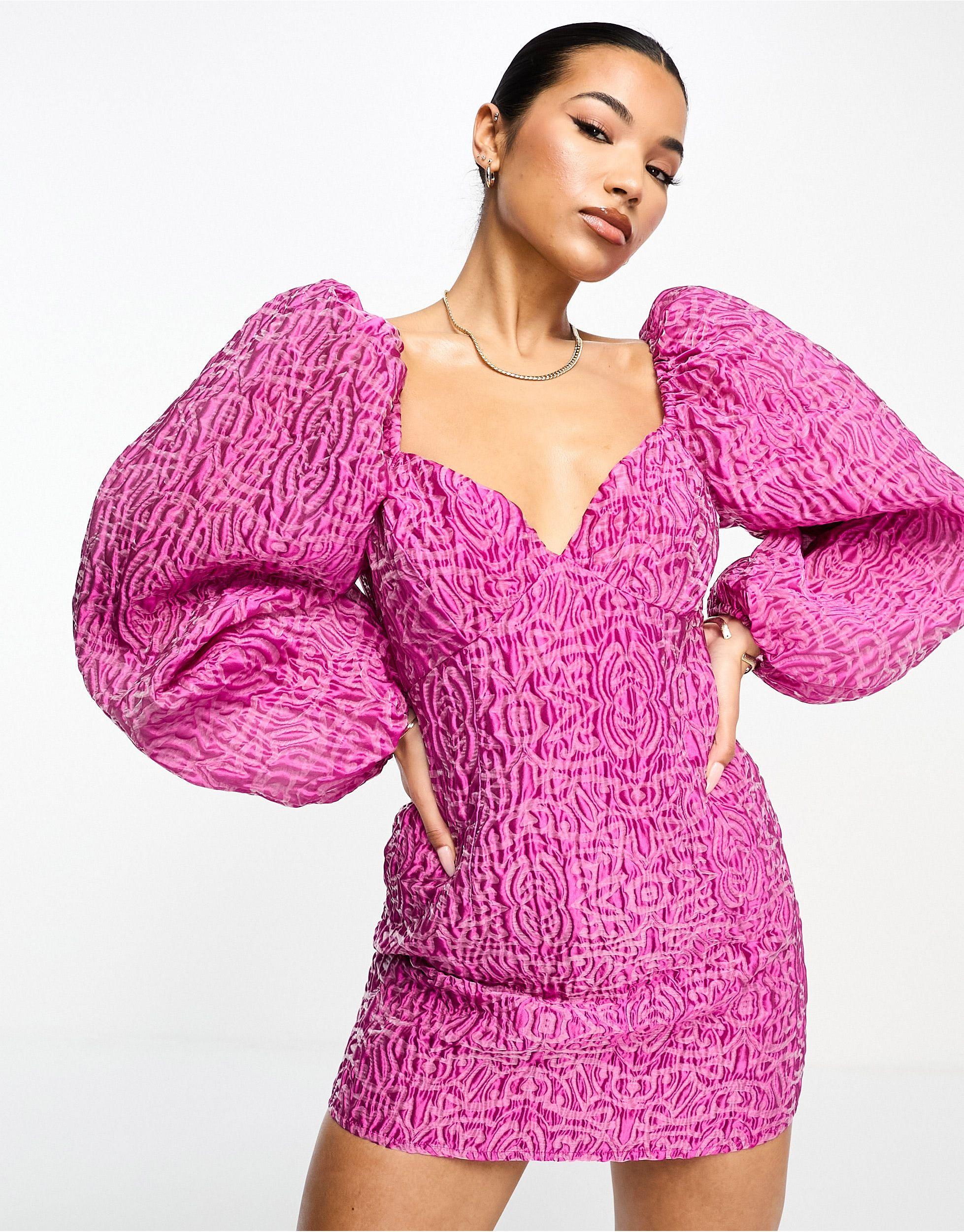 i*2様 Checked Jacquard Volume Sleeve Dres Checked Jacquard Volume Sleeve Dress