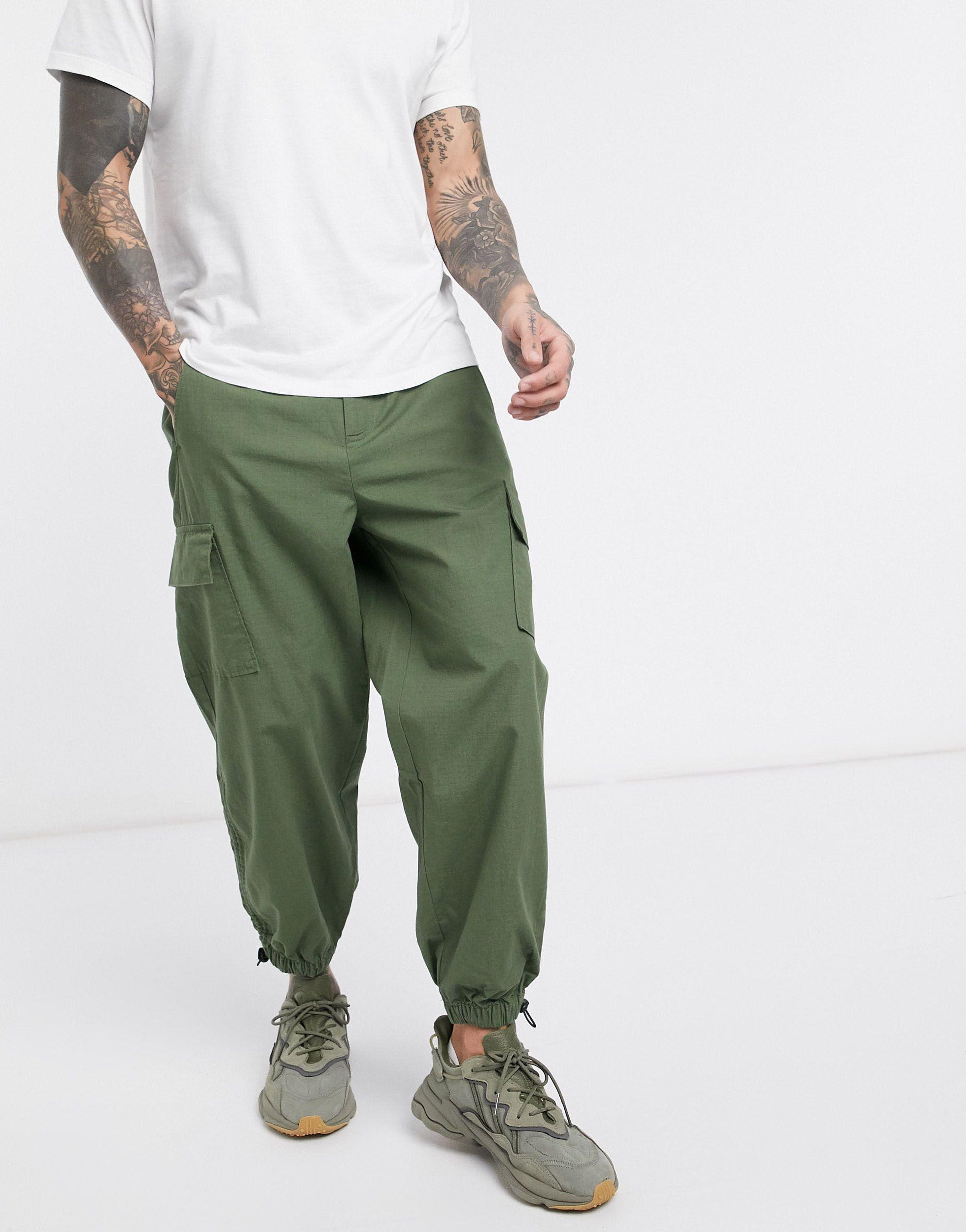 ASOS Oversized Tapered Cargo Pants With toggle Hem in Green for Men | Lyst