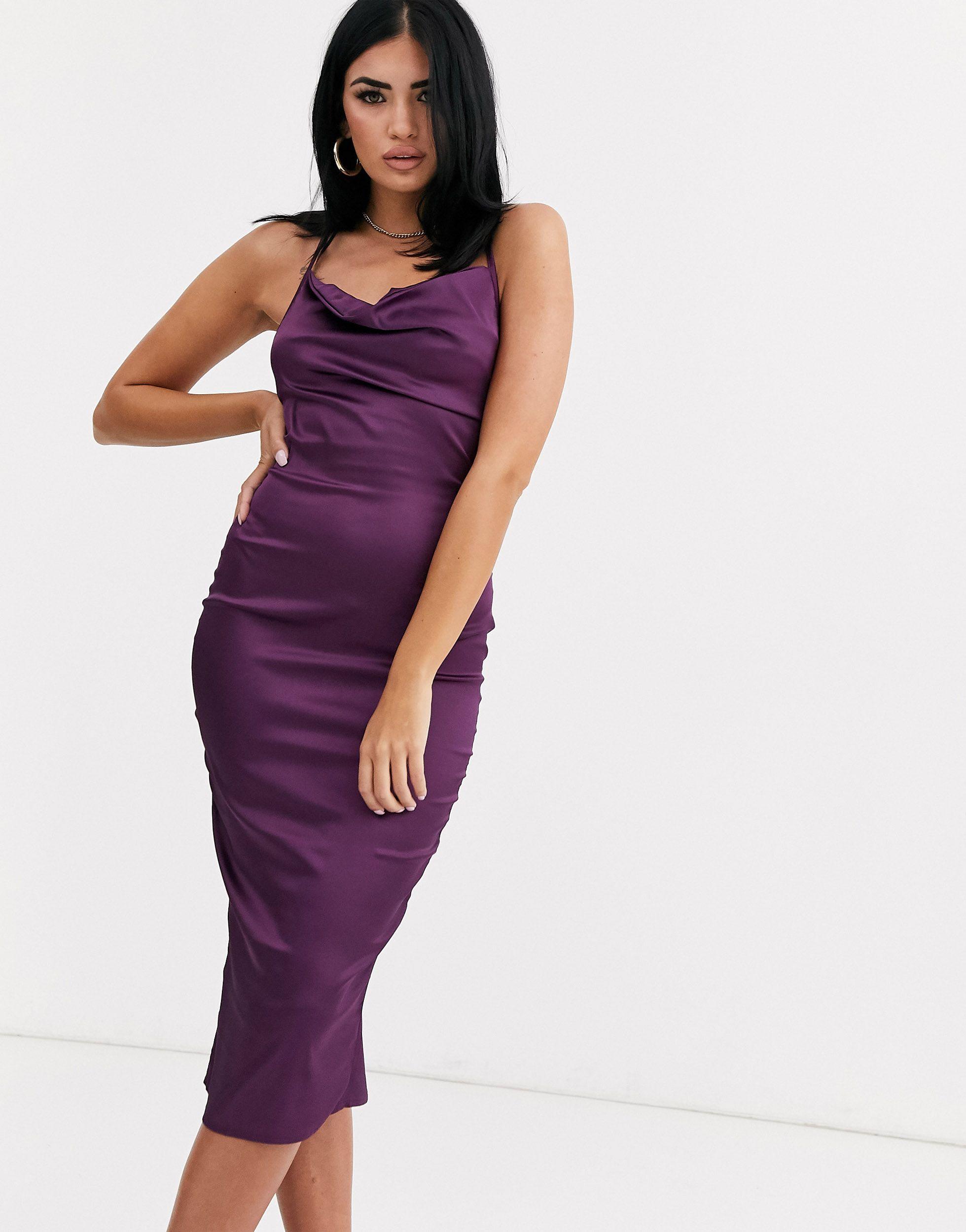 PrettyLittleThing Cowl Neck Satin Midi Dress in Purple | Lyst