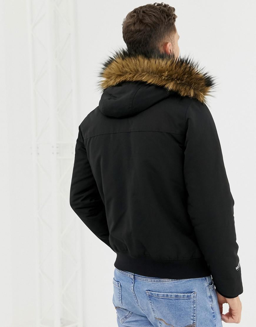 Hollister All Weather Fleece Lined Hooded Bomber Faux Fur Trim In Black for  Men