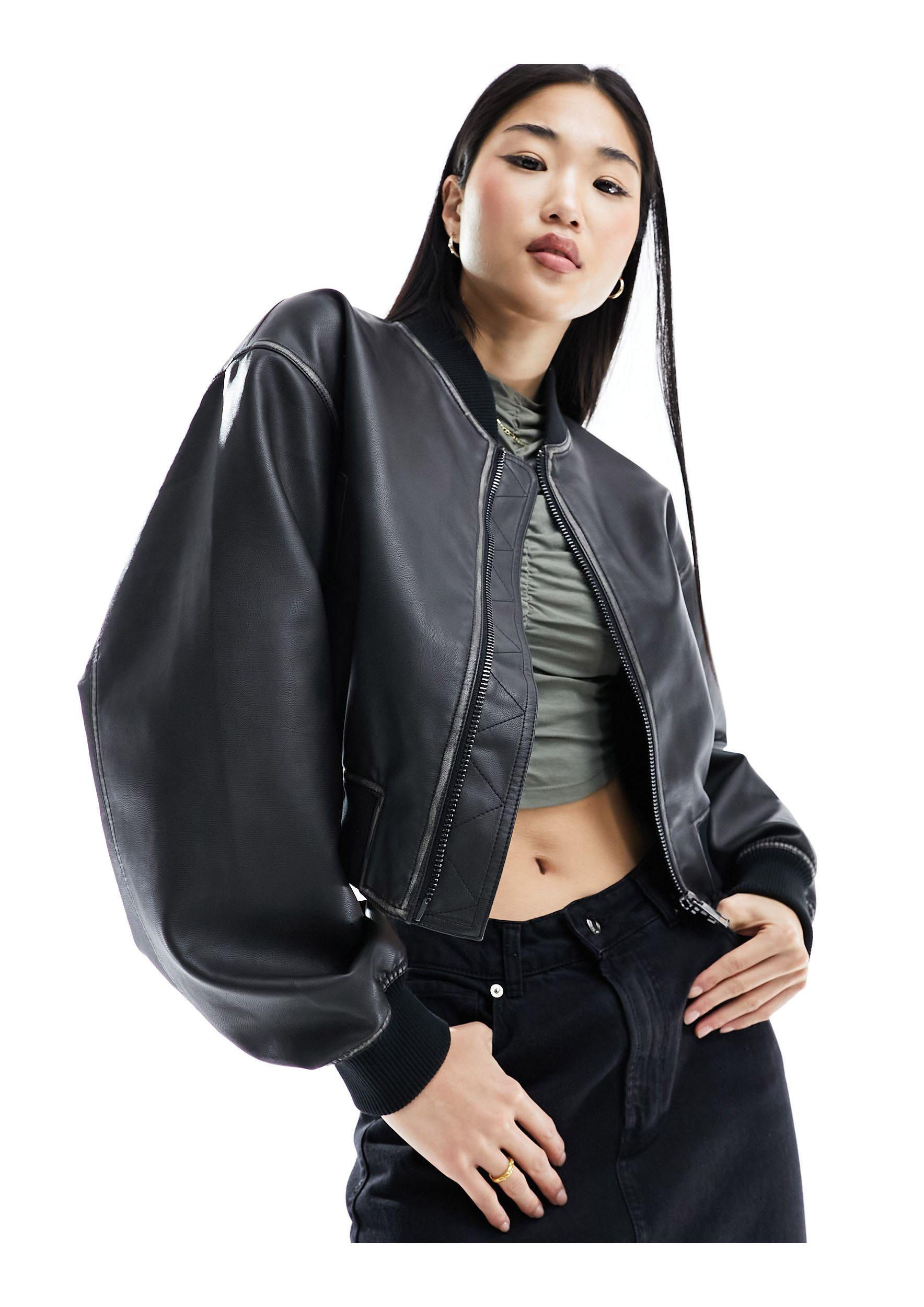 ASOS Faux Leather Cropped Bomber Jacket in Black | Lyst UK