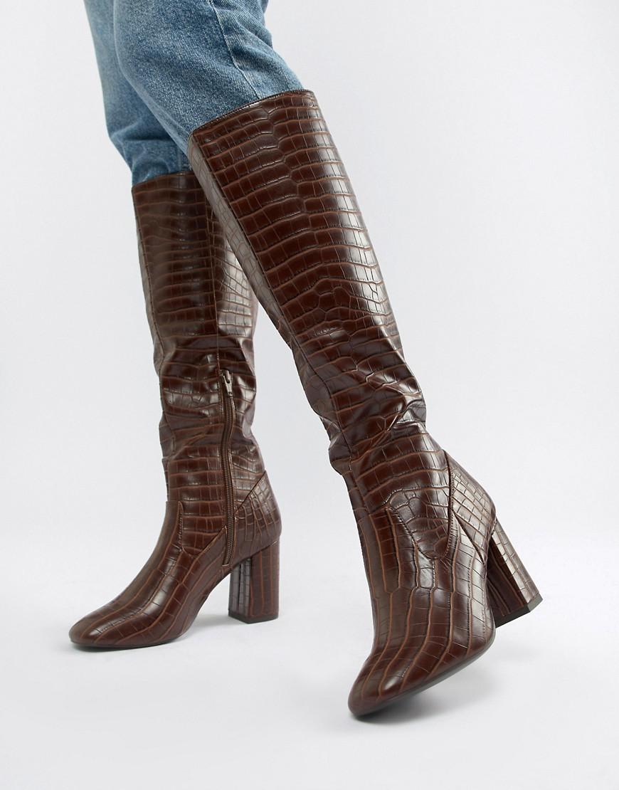 brown croc knee high boots