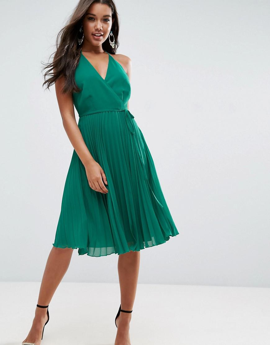 Lyst - Asos Cami Pleated Dress in Green