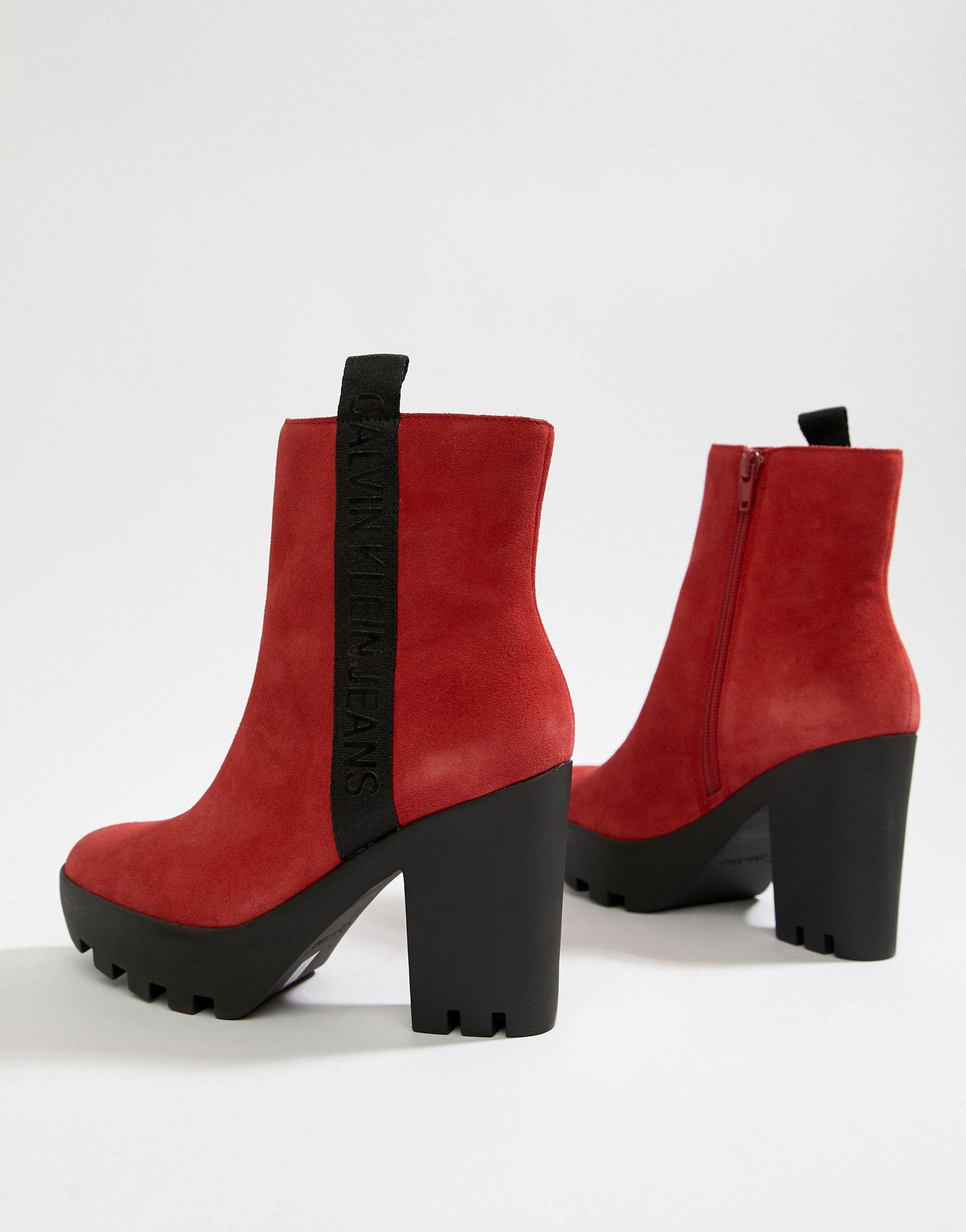 red ankle boots chunky heel