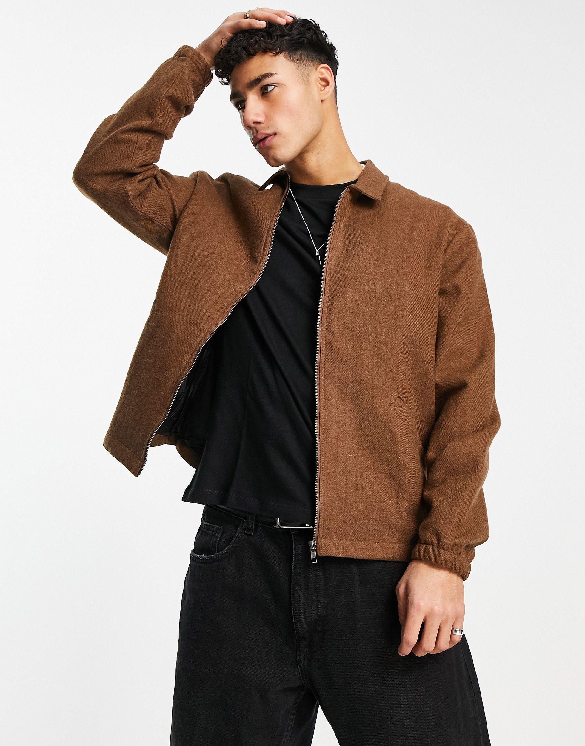 TOPMAN Flannel Harrington Jacket in Brown for Men