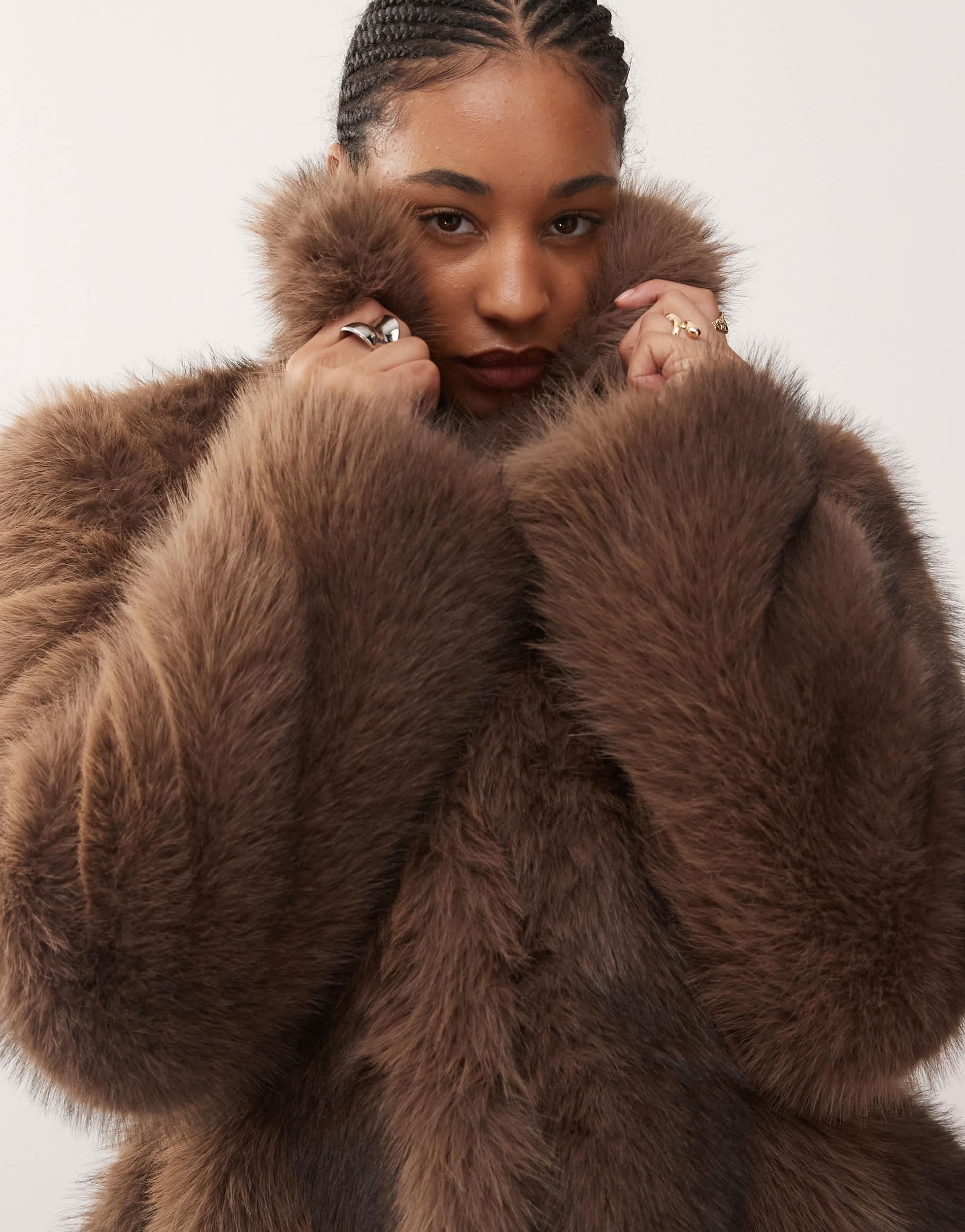 Monki Faux Fur Jacket With Peplum Hem in Brown Lyst