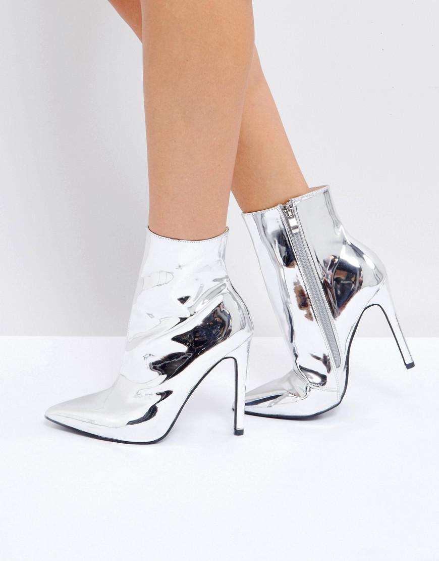 Public Desire Harlee High Shine Silver Heeled Ankle Boots in Metallic ...