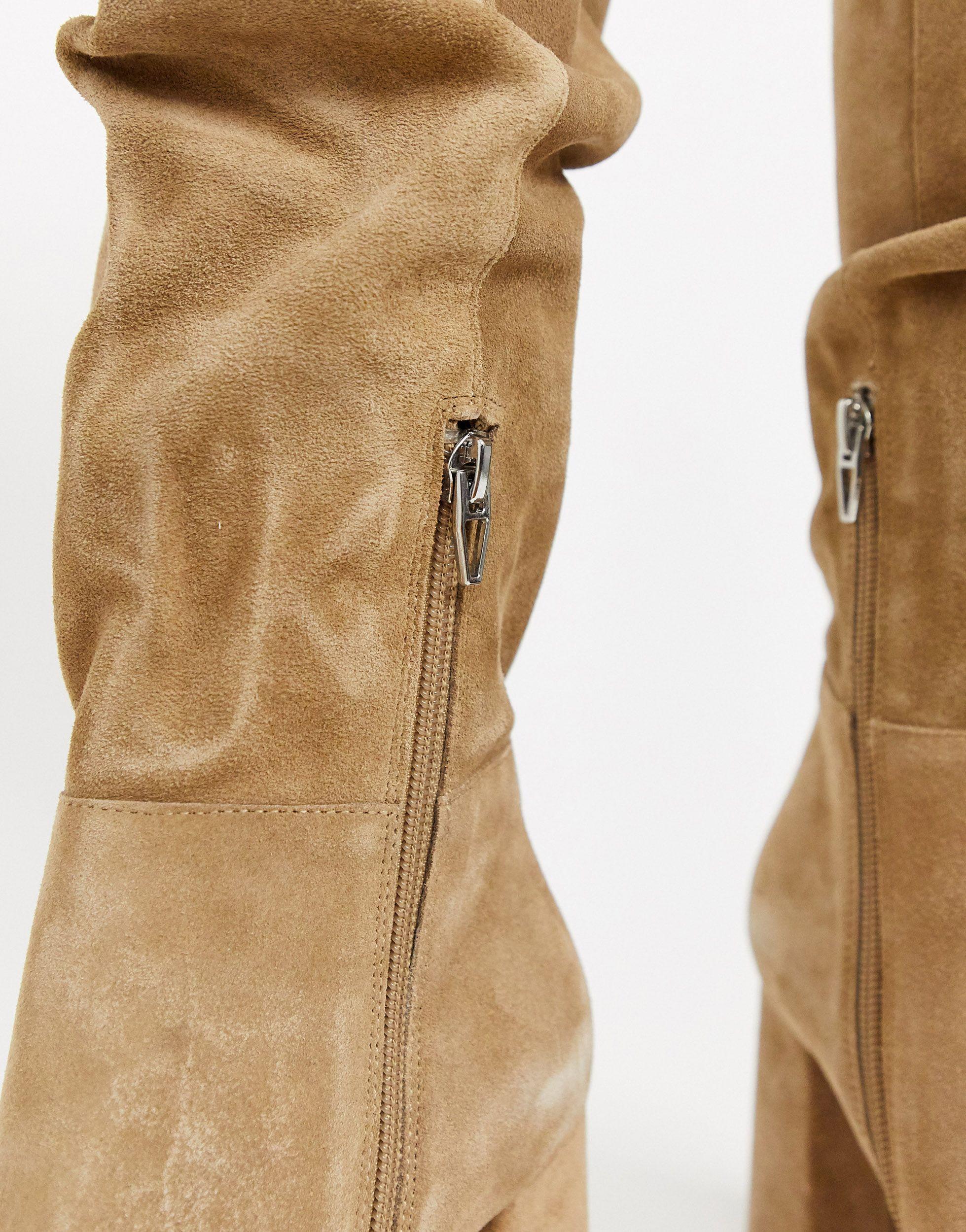 Bershka Faux Suede Slouch Knee High Boots in Beige (Natural) | Lyst