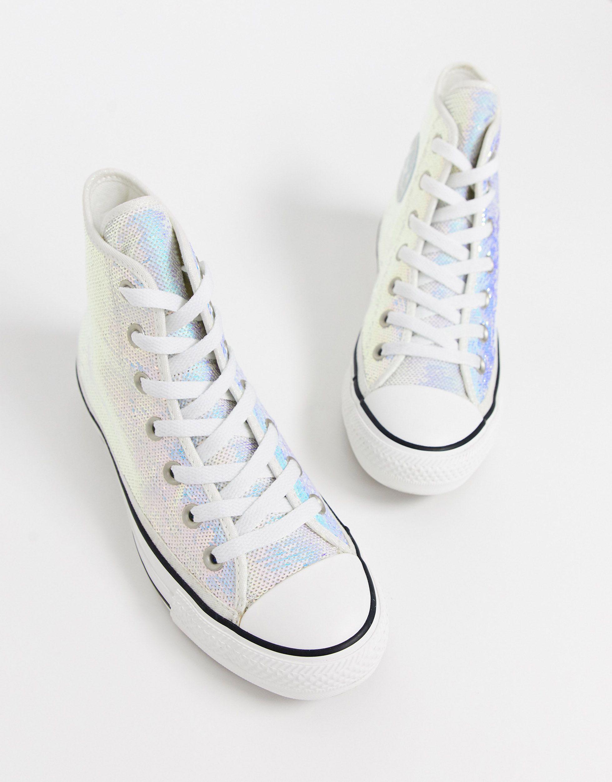 Converse Chuck Taylor Hi Silver Mini Sequin Sparkle Sneakers in Metallic |  Lyst