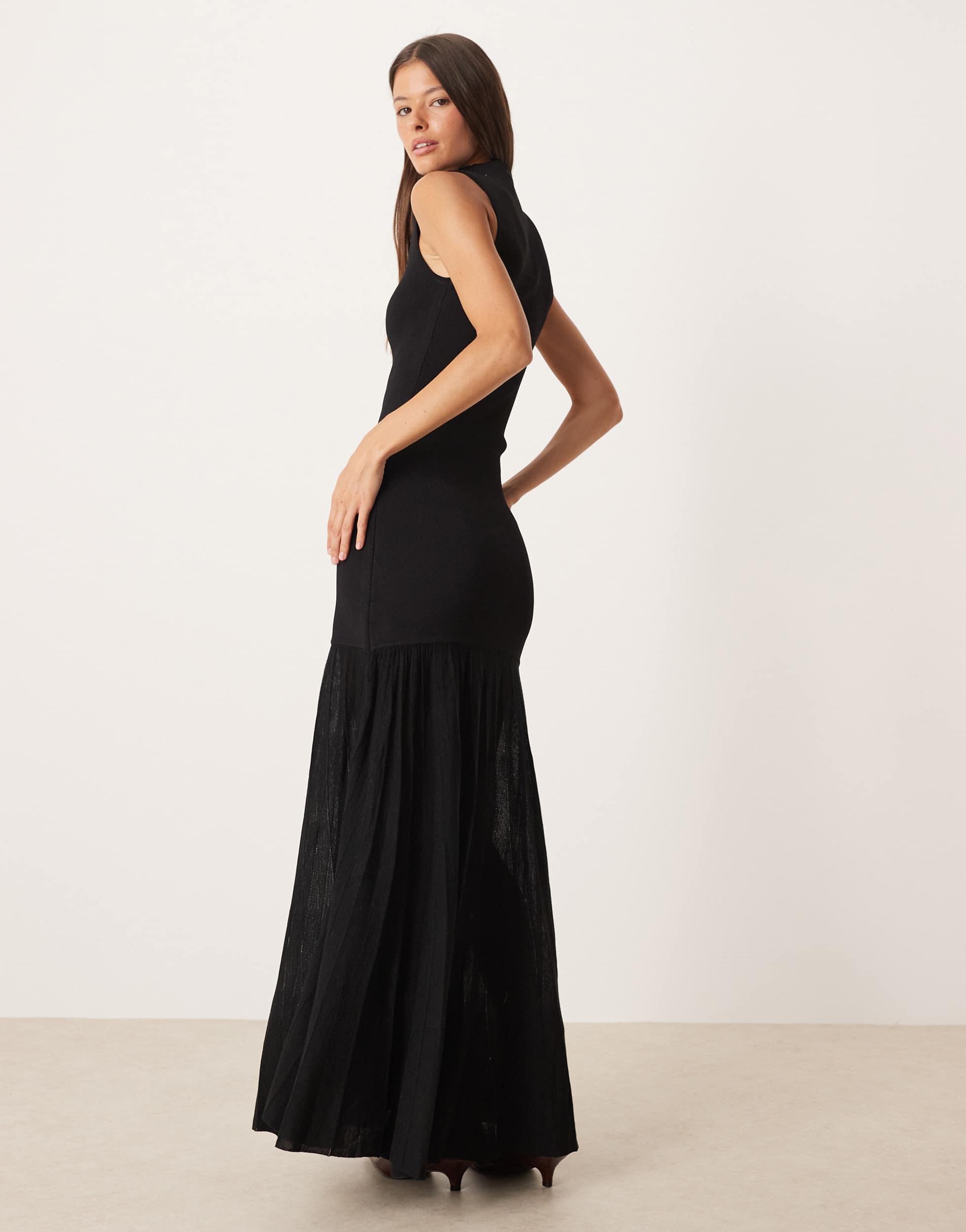Mango High Neck Sleeveless Maxi Dress With Sheer Skirt in Black | Lyst