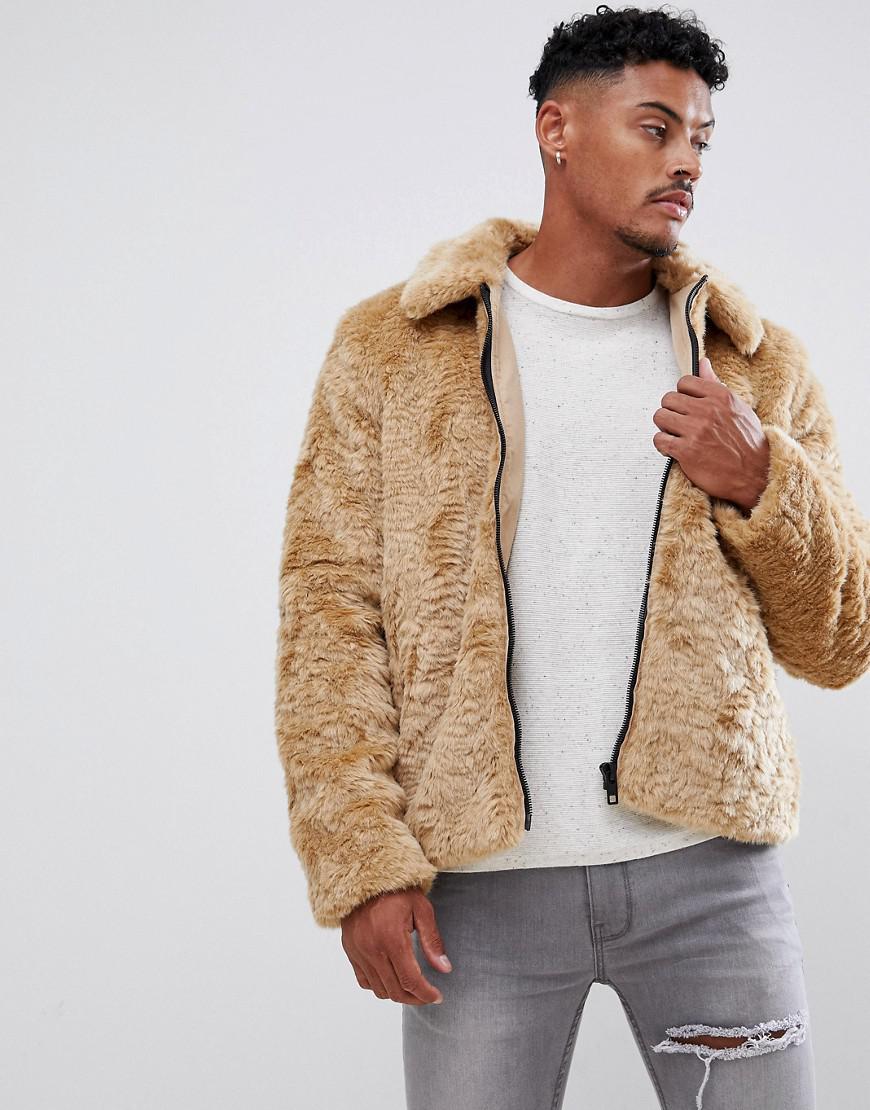 ASOS Silk Faux Fur Jacket in Brown for Men - Lyst
