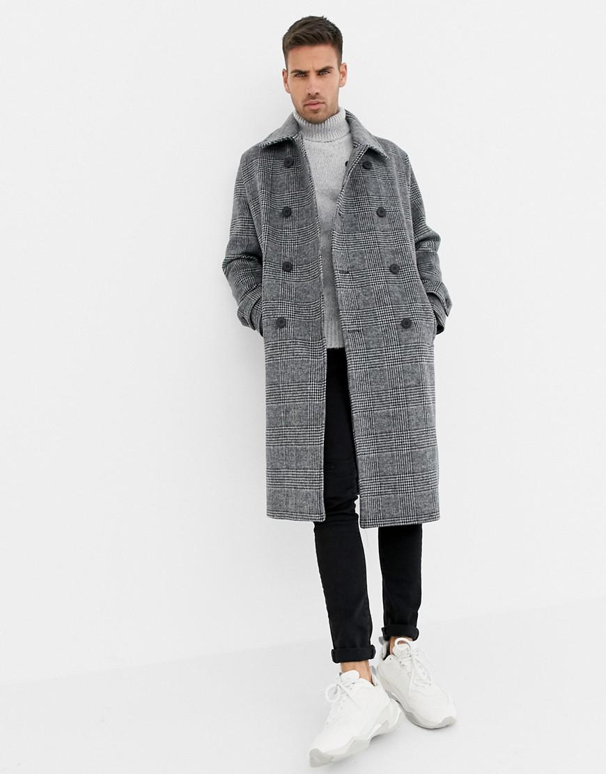 Bershka Oversized Wool Coat In Gray Check for Men - Lyst