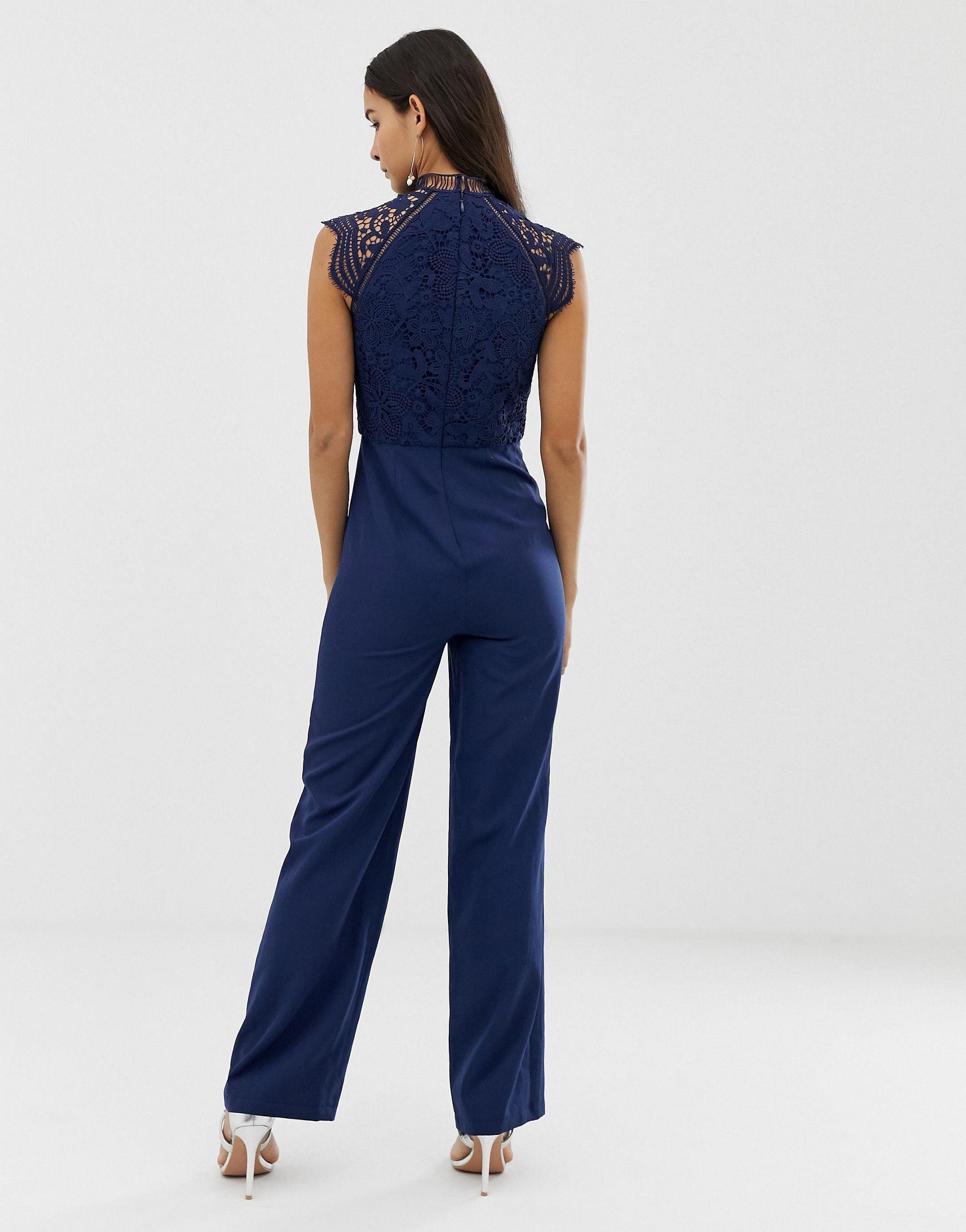 Chi Chi London 2 In 1 High Neck Lace Jumpsuit In Navy in Blue | Lyst